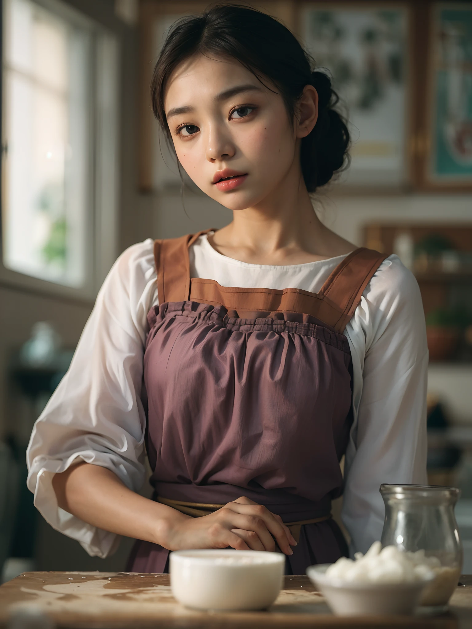 solo, stand in the kitchen, a malay girl, milk falls on the chest area of the shirt, (delicate illustration:1.4), (renaissance art:1.4), (masterpiece:1.0), (best quality:1.4), (ultra highres:1.2), (photorealistic:1.4), (8k, RAW photo:1.2), (soft focus:1.4), (18yo:1.3), (sharp focus:1.4), detailed beautiful face