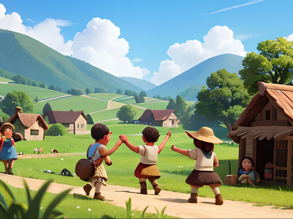 A group of villagers,Village fields,Work and fight,Very happy,group of people,