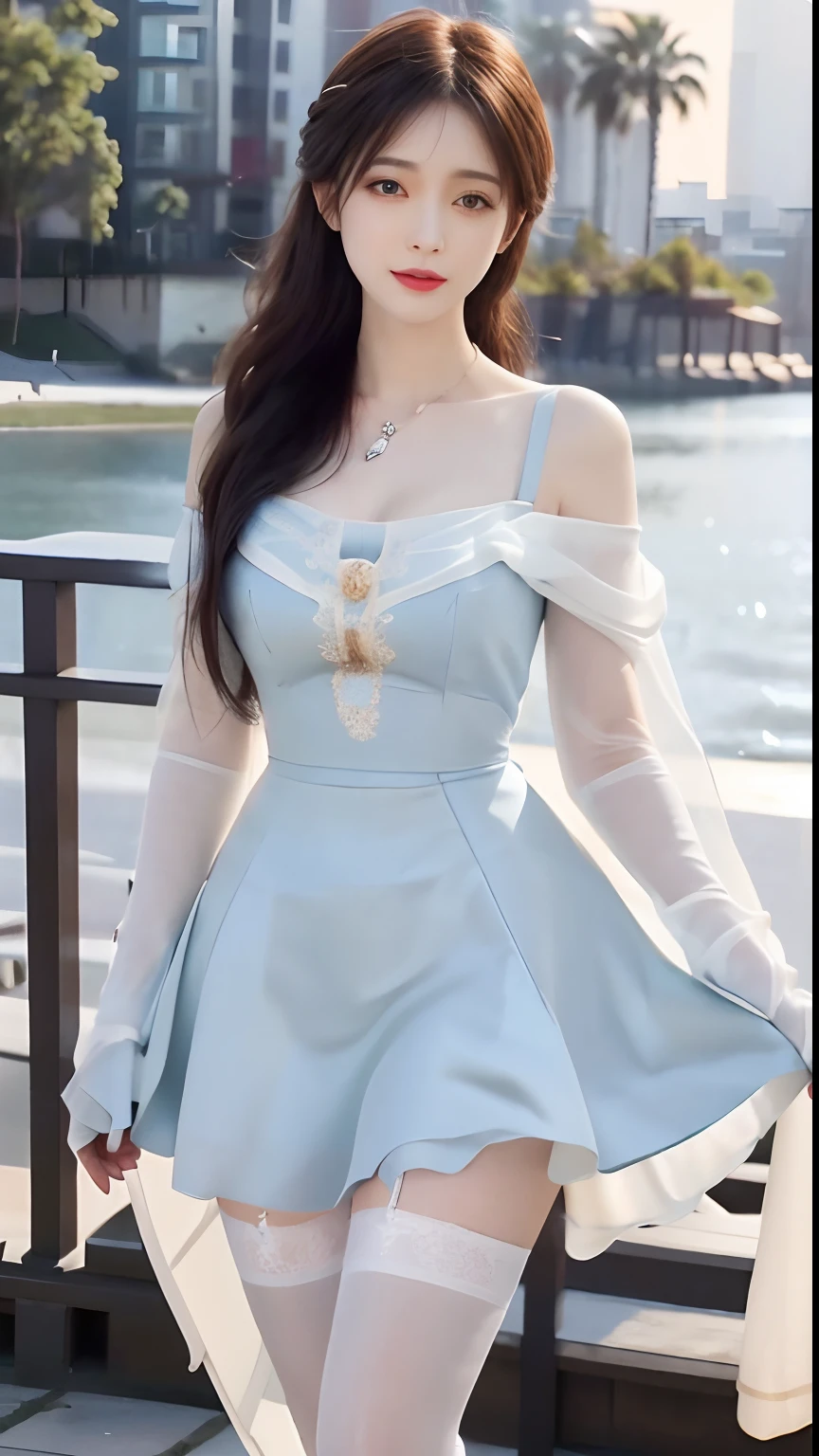 Masterpiece,Best quality,offcial art,on focus,Full body photo(FLS),Full-HD,1080p,2K,4K,8K,Mind-bSoft illuminationlowing Details,unfathomed,Leica camera,full lenght shot(FLS),Cute,Golden ratio,gentle illumination,absorption。ultra - detailed,extremely detaile,Beautiful Meticulous Girl,1girll,(perfect female shape),Stand all over,Blue dress,White stockings Long legs,No chest is exposed,Long curly yellow hair,The background is by the sea。