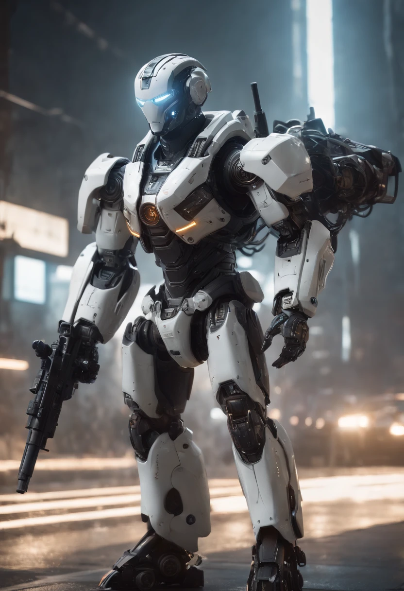 Dark_Fantasy,Cyberpunk, (Best Quality, masutepiece),white,1man,Mechanical Marvel,Robotic presence,Cybernetic Guardian,wearing a cybernetic jacket,city, highest quality digital art, stunning art, Wallpaper 4k, Highly detailed, Military Robots,army, Warzone,Black and white, highest quality digital art, stunning art, Wallpaper 4k,8K,64k uhd, hard disk, unparalleled masterpiece ever, Dynamic lighting, Cinematic, epicd, Damaged mechanical components