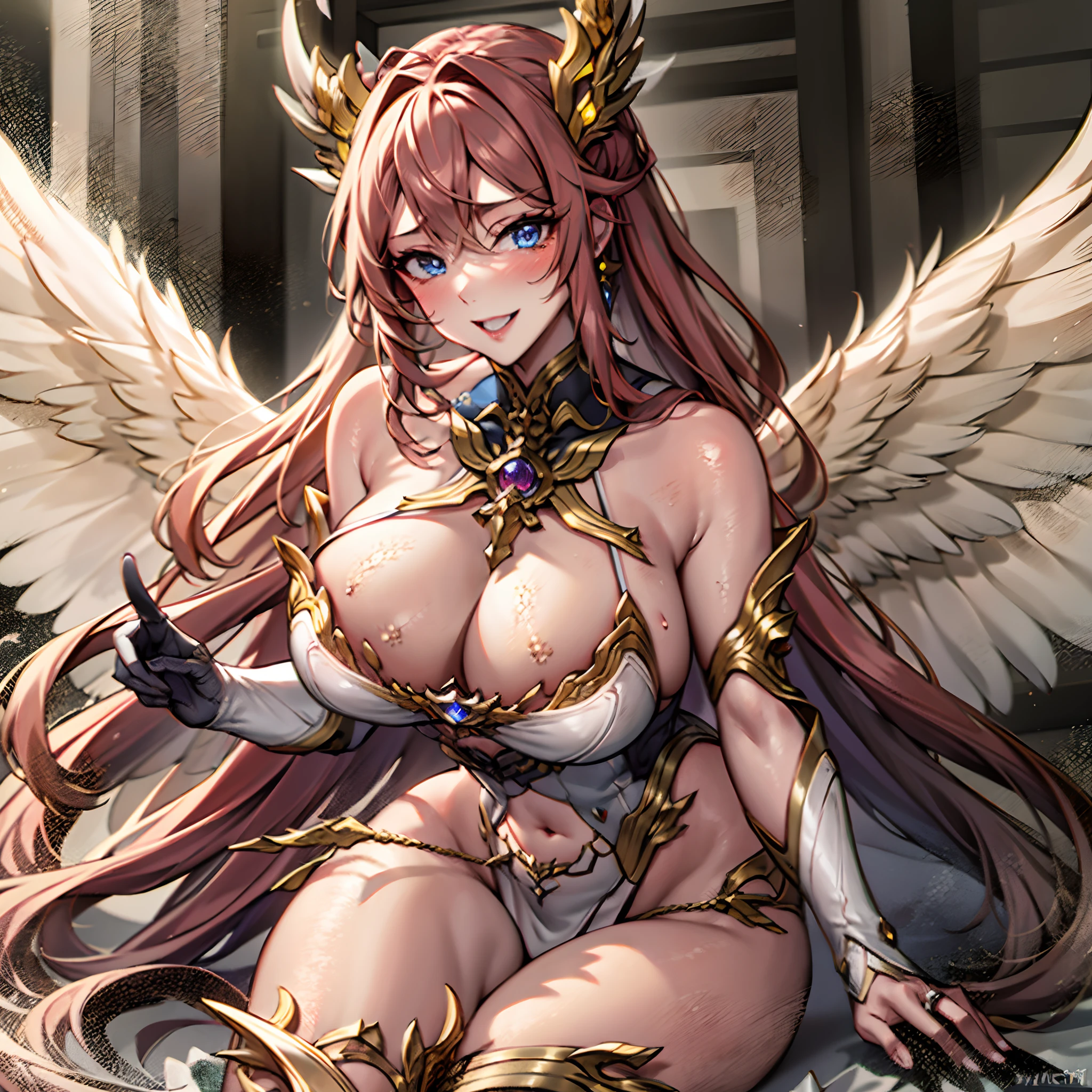 Quality over 8K, a female angel,Sexy,Long Blonde Hair,Anime,Goddess,Symmetrical blue eyes,Ultra detailed eyes,Transparent lingerie,forest,Sword,golden wings,Full body,hyperdetailed lips, hyperdetailed face, Double eyelids, Ultra Detailed feet,で,Beautiful legs,Tight boots,Full Leg Priestess、valkyrie、Angel wings、a navel、sideboob barbosa、with an intricate、Particles of light、thighs thighs thighs thighs、shinny skin、Perfect litthing、1girl in、looking at the viewers、Winged headgear、pelvis curtain、A smile、(​masterpiece)、(top-quality)、Very gigantic-breasts、maternal、Porcelain Skin、honey blonde hair、Very long hair、hair wavy(valkyrie,Paladin:0.6),Angel wings,with an intricate, Perfect Lighting,  Looking at Viewer,(masutepiece), (Best Quality)(valkyrie,Paladin:0.6),Angel wings,with an intricate, Perfect Lighting,  Looking at Viewer,(masutepiece), (Best Quality)(ValkyrieArmor:0.5),(Winged headgear:1.1),School Girl,,with an intricate, Perfect Lighting, 1girl in, Ponytail, Looking at Viewer, Smile, snulight,creek,blazing(masutepiece), (Best Quality),thighs thighs thighs thighs 、a beauty girl，red color mecha，As graceful as a swan，Enchanting，Long grey hair，Red body，Fluorescence line，White hands，lab room，FutureTech，Red indicator light on the body，Full body photo，standing on your feet，dreamy scene，，dyna，super detailing，Cell shade，8K detail post-processing，magnifica，hyperphotorealism，8K，epic composition，intricate-detail，unrealengine，Flying，Laser Cannon，Holy Angel Mecha，Mechanical exoskeleton，whaite hair，golden pupils，flower  sea，Eventide，Angel Maiden，Angel wings，White long skirt，war，Top quality combat stance, 4K, masutepiece :1.3), short petite pretty woman, Blue-haired、Curly hair、length hair、Colossal tits、 Ultra-detailed face、maid clothes、Detailed eyes, sluttish, Pose Seductive,  Smooth skin, (huge-breasted), Round breasts、red blush。kawaii、Shy、1 Crying face、nightcity、Sateen、Kimono without sleeves、A dark-haired、Holding a weapon with blood on it、Looking at the camera、Cherry blossoms are d