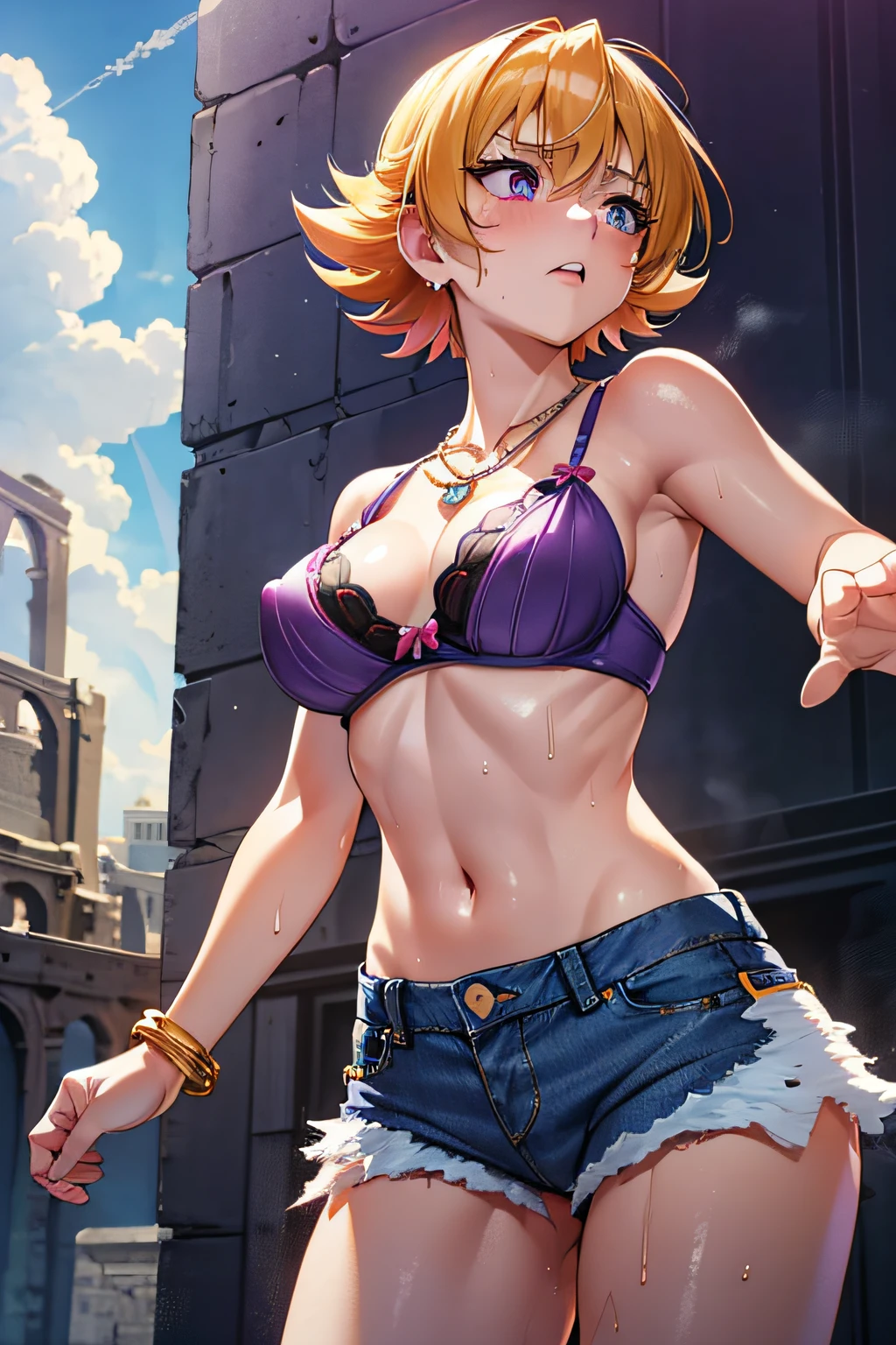igawa,see through nipples,medium breasts,bouncing breasts,blonde hair,bobcut, purple eyes,(delicate embellishments Gorgeous bra:1.2),navel,(low-rise damaged short denim pant:1.3),no panties,(sweat gleaming skin:1.1), outdoors,sunlight, spotlight effect,bright sky, blue sky with clouds,strong wind, (colosseum),(highres, high quality:1.1), intricate details, cinematic lighting, 1girl,(red blush,angry),(Gorgeous Necklace,jewelry, bracelet),(dynamic fighting pose:1.2),dynamic angle,from below