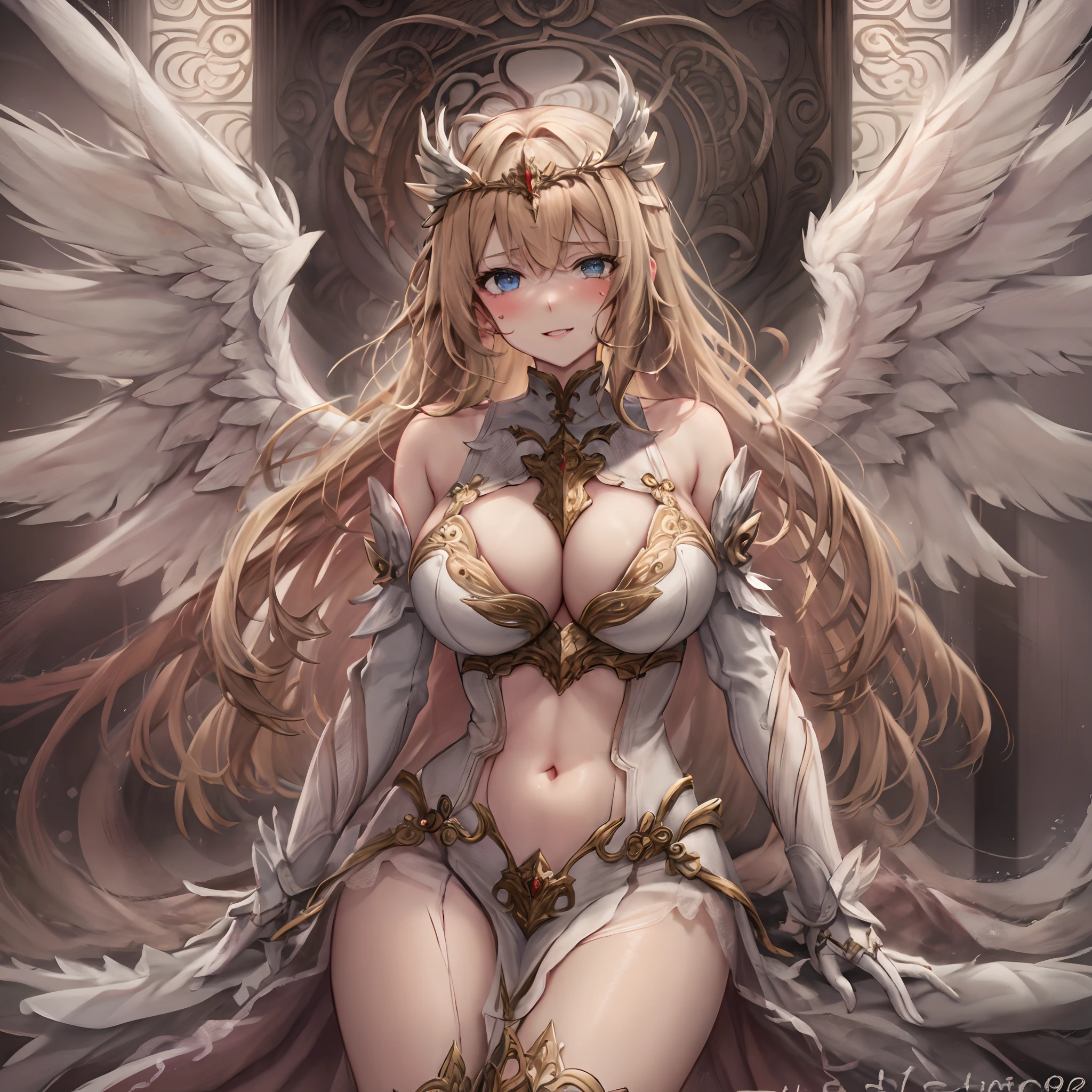 Quality over 8K, a female angel,Sexy,Long Blonde Hair,Anime,Goddess,Symmetrical blue eyes,Ultra detailed eyes,Transparent lingerie,forest,Sword,golden wings,Full body,hyperdetailed lips, hyperdetailed face, Double eyelids, Ultra Detailed feet,で,Beautiful legs,Tight boots,Full Leg Priestess、valkyrie、Angel wings、a navel、sideboob barbosa、with an intricate、Particles of light、thighs thighs thighs thighs、shinny skin、Perfect litthing、1girl in、looking at the viewers、Winged headgear、pelvis curtain、A smile、(masterpiece)、(top-quality)、Very gigantic-breasts、maternal、Porcelain Skin、honey blonde hair、Very long hair、hair wavy(valkyrie,Paladin:0.6),Angel wings,with an intricate, Perfect Lighting, Looking at Viewer,(masutepiece), (Best Quality)(valkyrie,Paladin:0.6),Angel wings,with an intricate, Perfect Lighting, Looking at Viewer,(masutepiece), (Best Quality)(ValkyrieArmor:0.5),(Winged headgear:1.1),School Girl,,with an intricate, Perfect Lighting, 1girl in, Ponytail, Looking at Viewer, Smile, snulight,creek,blazing(masutepiece), (Best Quality),thighs thighs thighs thighs 、a beauty girl,red color mecha,As graceful as a swan,Enchanting,Long grey hair,Red body,Fluorescence line,White hands,lab room,FutureTech,Red indicator light on the body,Full body photo,standing on your feet,dreamy scene,,dyna,super detailing,Cell shade,8K detail post-processing,magnifica,hyperphotorealism,8K,epic composition,intricate-detail,unrealengine,Flying,Laser Cannon,Holy Angel Mecha,Mechanical exoskeleton,whaite hair,golden pupils,flower sea,Eventide,Angel Maiden,Angel wings,White long skirt,war,Top quality combat stance, 4K, masutepiece :1.3), short petite pretty woman, Blue-haired、Curly hair、length hair、Colossal tits、 Ultra-detailed face、maid clothes、Detailed eyes, sluttish, Pose Seductive, Smooth skin, (huge-breasted), Round breasts、red blush。kawaii、Shy、1 Crying face、nightcity、Sateen、Kimono without sleeves、A dark-haired、Holding a weapon with blood on it、Looking at the camera、Cherry blossoms are d