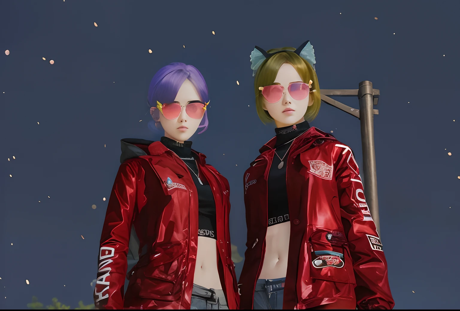 2 girl with red jacket using sun glass