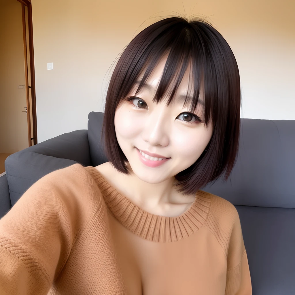 ​masterpiece, Top image quality, hight resolution, soio, small tits, ssmile, Light brown sweater, age 30s, A Japanese Lady, Tidy living room, Selfie with one hand, Shoulder-length medium hair, Kamimei, plumw, realisitic,self-introduction, sofa