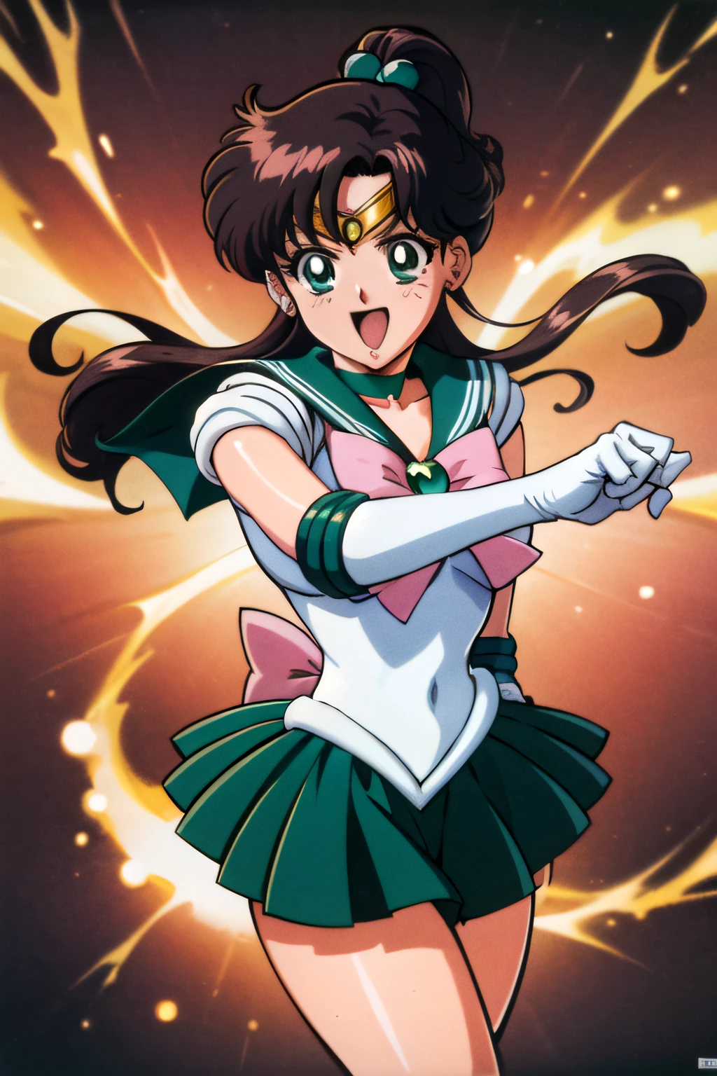 (top-quality:1.3), (​masterpiece:1.4),(Anatomically correct), (Full limbs),(complete fingers),(Precise fingertips), (Fine details),(8K),Photorealista,Sailor Moon!!!!!!!!, Sailor Moon Style,by Sailor Moon, Sailor Senshi Uniform,(the sailor jupiter:1.37),aqua eyes,brown haired,poneyTail,Green Choker,Green boots,whitegloves,(Pink ribbon:1.2),(Super Detail),(90s Anime,9 0 s anime,9 0 s anime style,anime cels,cel shaded anime),
(Dynamic Boxing Pose:1.25), Intense lighting),raw,Color Theme Red, Dramatic light, (joyous expression:1.4),magician, spell magic, Magic Circle, ((magic in hand)),(using light magic:1.14),lightning magic, imaginative overlays, artistic fusion,fantastical scenes, evocative narratives, striking visuals,