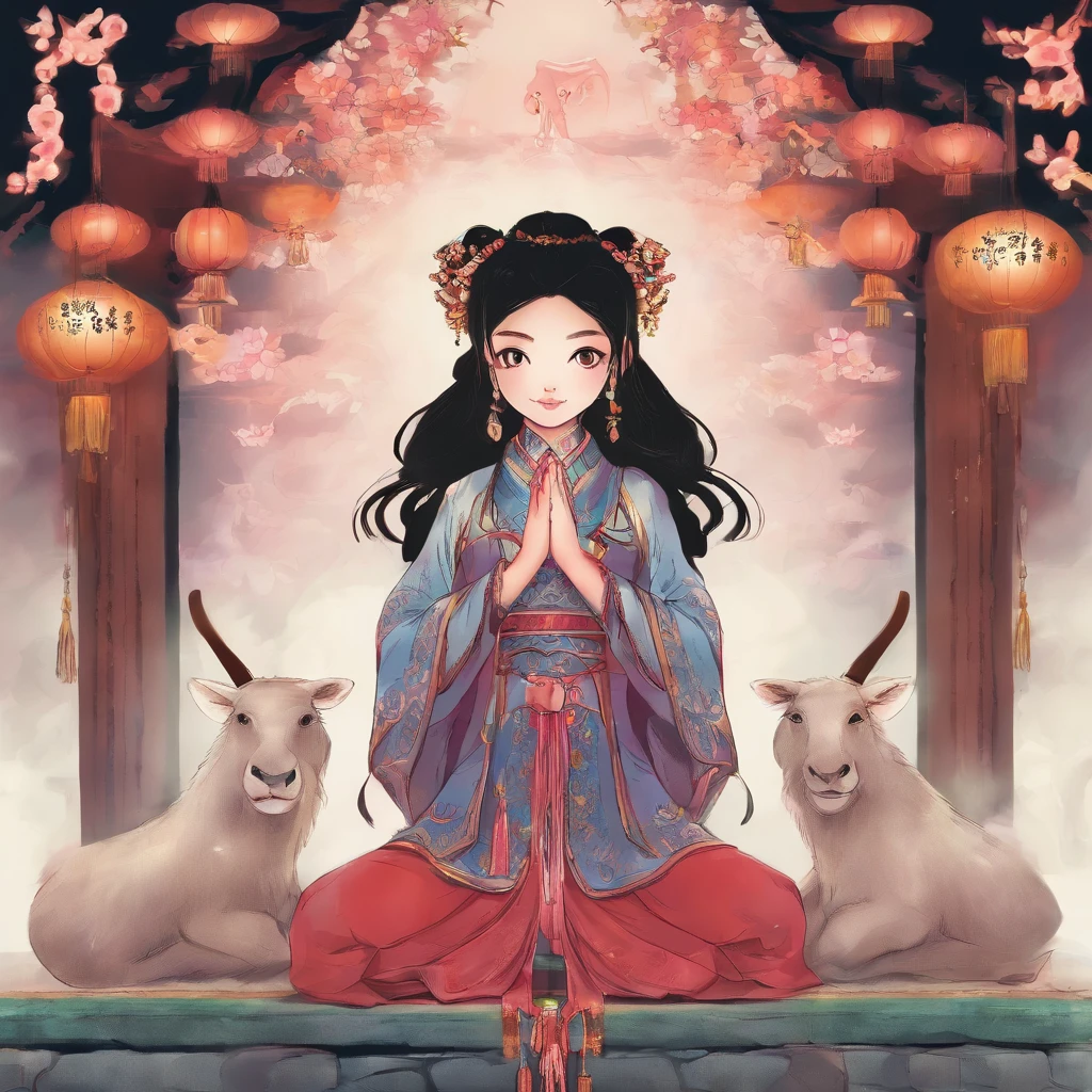 A Zhuang girl，Black hair，with a round face，largeeyes，She knelt and prayed reverently in the temple of the Ox King，Offer your own offerings，And sincerely pray to the god of the ox king