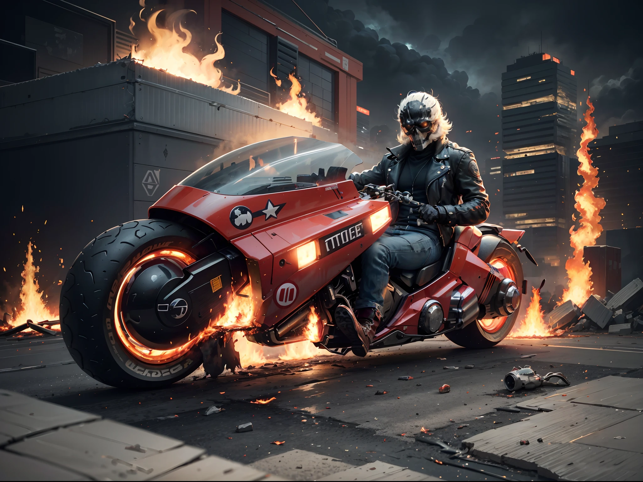 (offcial art, Unity 8k wallpaper, Ultra-detailed, Beautiful, Masterpiece, Best quality, 1.4x more realistic), (Superhero Ghost Rider, skull: 1.5), There was a fire in his eyes, The corpse was wrapped in burning chains, Titanium chains and the future technology of motorcycles, Icy bodywork, Ghost Rider rides a futuristic black motorcycle, Gallop on a burning fire, The entire motorcycle caught fire and burned down, fire element, Composed of fire elements, volcanoes, Burning cyberpunk cityscape, Armageddon, Epic screen, Anatomically correct, Textured skin.