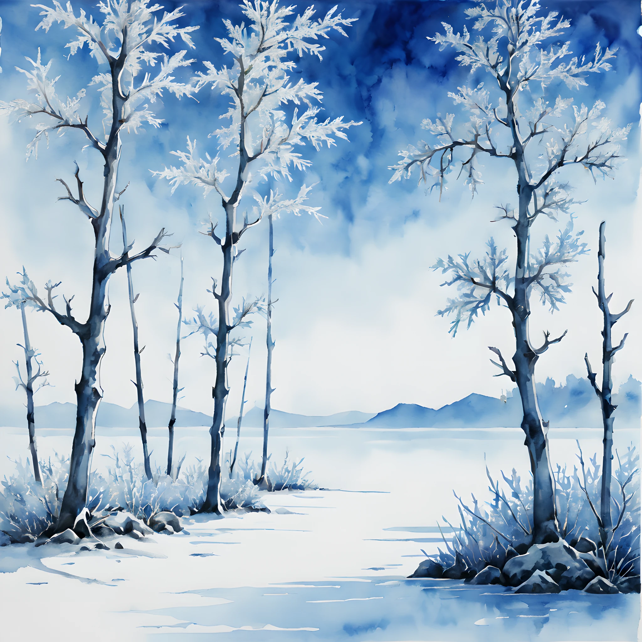 (ink and watercolor painting:1.5), (Landscape painting:1.5), (Tasteful:1.5), (lake forest:1.5), (tree:1.5), (ink and watercolor painting:1.5), (Chinese style:1.5), (rime ice:1.5), (rime ice:1.5), (ice crystals:1.5), (rime ice covered the trees:1.5), (frozen trees:1.5), (frozen lake forest:1.5), (Trees in a row:1.5), (Frozen Rows of Trees:1.5), (white rime ice and blue sky morning theme:1.5), (hokkaido:1.5),