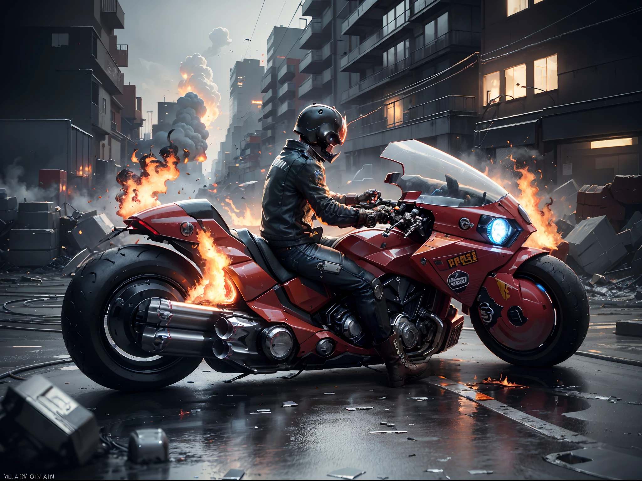 (offcial art, Unity 8k wallpaper, Ultra-detailed, Beautiful, Masterpiece, Best quality, 1.4x more realistic), (Superhero Ghost Rider, skull: 1.5), There was a fire in his eyes, The corpse was wrapped in burning chains, Titanium chains and the future technology of motorcycles, Icy bodywork, Ghost Rider rides a futuristic black motorcycle, Gallop on a burning fire, The entire motorcycle caught fire and burned down, fire element, Composed of fire elements, volcanoes, Burning cyberpunk cityscape, Armageddon, Epic screen, Anatomically correct, Textured skin.