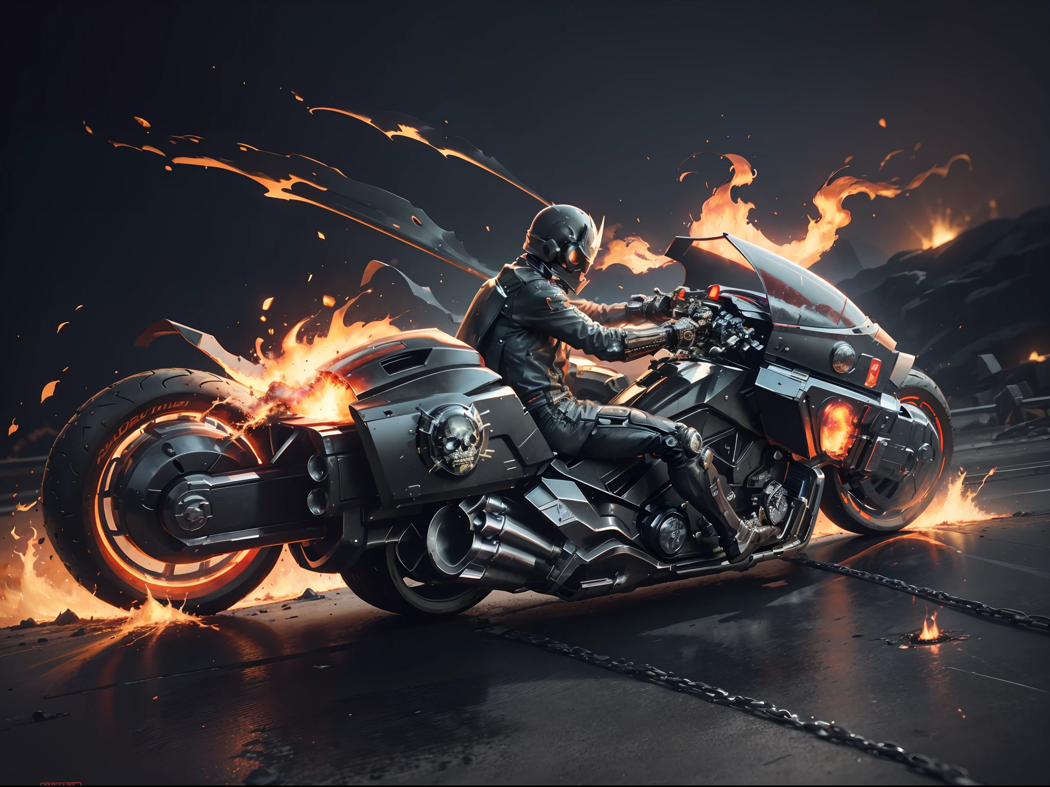 (offcial art, Unity 8k wallpaper, Ultra-detailed, Beautiful, Masterpiece, Best quality, 1.4x more realistic), (Superhero Ghost Rider, skull: 1.5), There was a fire in his eyes, The body is wrapped in burning chains, Chains made of titanium alloys and futuristic technology for motorcycles, Icy bodywork, Ghost Rider rides a futuristic black motorcycle, Gallop on the burning fire, The entire motorcycle caught fire and burned, fire element, Composed of fire elements, volcanoes, Burning cyberpunk cityscape, Armageddon, Epic screen, Anatomically correct, Textured skin.
