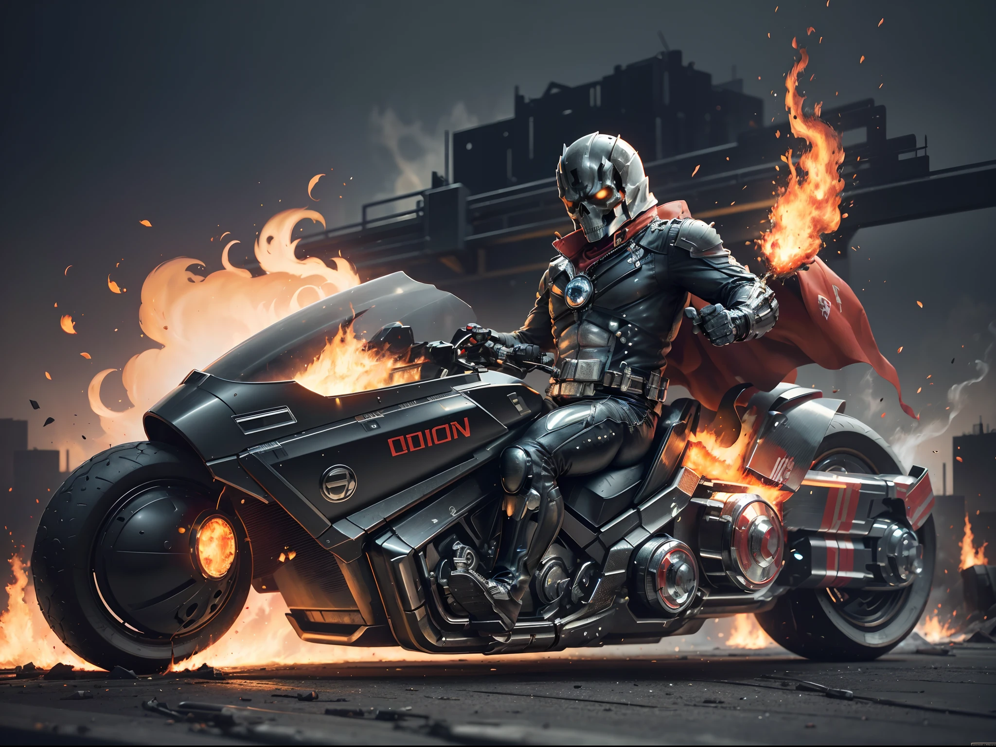 (offcial art, Unity 8k wallpaper, Ultra-detailed, Beautiful, Masterpiece, Best quality, 1.4x more realistic), (Superhero Ghost Rider, skull: 1.5), There was a fire in his eyes, The body is wrapped in burning chains, Chains made of titanium alloys and futuristic technology for motorcycles, Icy bodywork, Ghost Rider rides a futuristic black motorcycle, Gallop on the burning fire, The entire motorcycle caught fire and burned, fire element, Composed of fire elements, volcanoes, Burning cyberpunk cityscape, Armageddon, Epic screen, Anatomically correct, Textured skin.