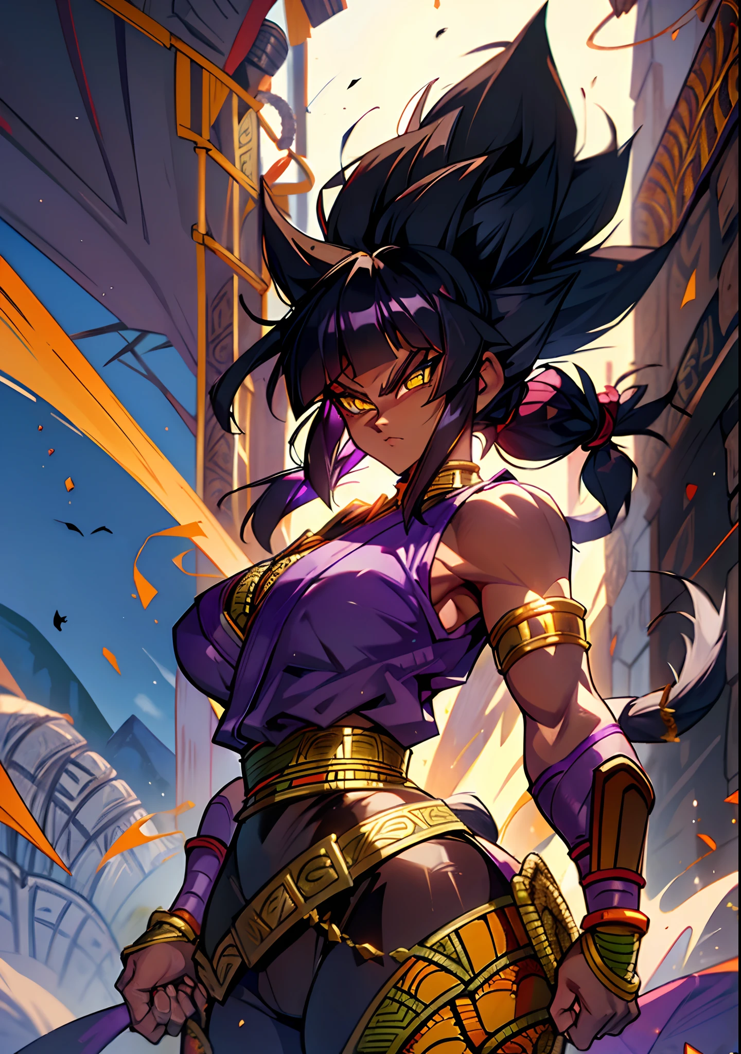 masterpiece, best quality, highly detailed, intricate, style of anime, style of dragon ball, 4k, blake belladonna, (dark skin: 2.8), (muscular body: 1.9), (complex dragon ball background, outdoors:1.15), battle pose, dynamic pose, ravine, cowboy shot, cat ears, black hair, long hair, blunt bangs, lipstick, (purple makeup:1.1), yellow eyeshadow, smokey ice, detailed hair, ultra detailed face, yellow eyes, ((female character with monkey tail:1.3)), (japanese clothes:1.1), (bridal gauntlets:1.1), ((african female:1.9)), black gloves, elbow gloves, (teenage female:1.1, dark-skinned: 2.4), Huge Breasts, cleavage. white jacket, black sleeveless tanktop, tight black leggings underneath white denim shorts, ripped shorts.