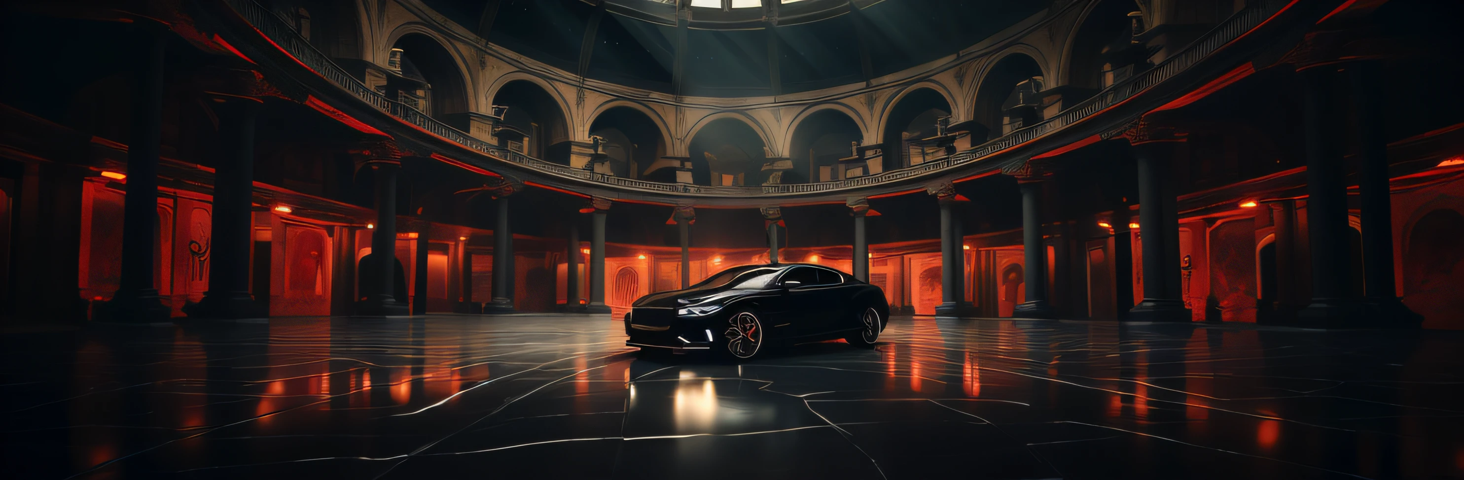 Image of a car in a dark room with a red light, octagon render 8k, photorealistic cinematic render, (rendering by octane) Fantasy style, Imagens DMT. rendering by octane, fantasy style 8 k octane render, black octane render, Cinematic 3D rendering, octane 8 k render, octane 8k render, dramatic lighting render, ((rendering by octane))