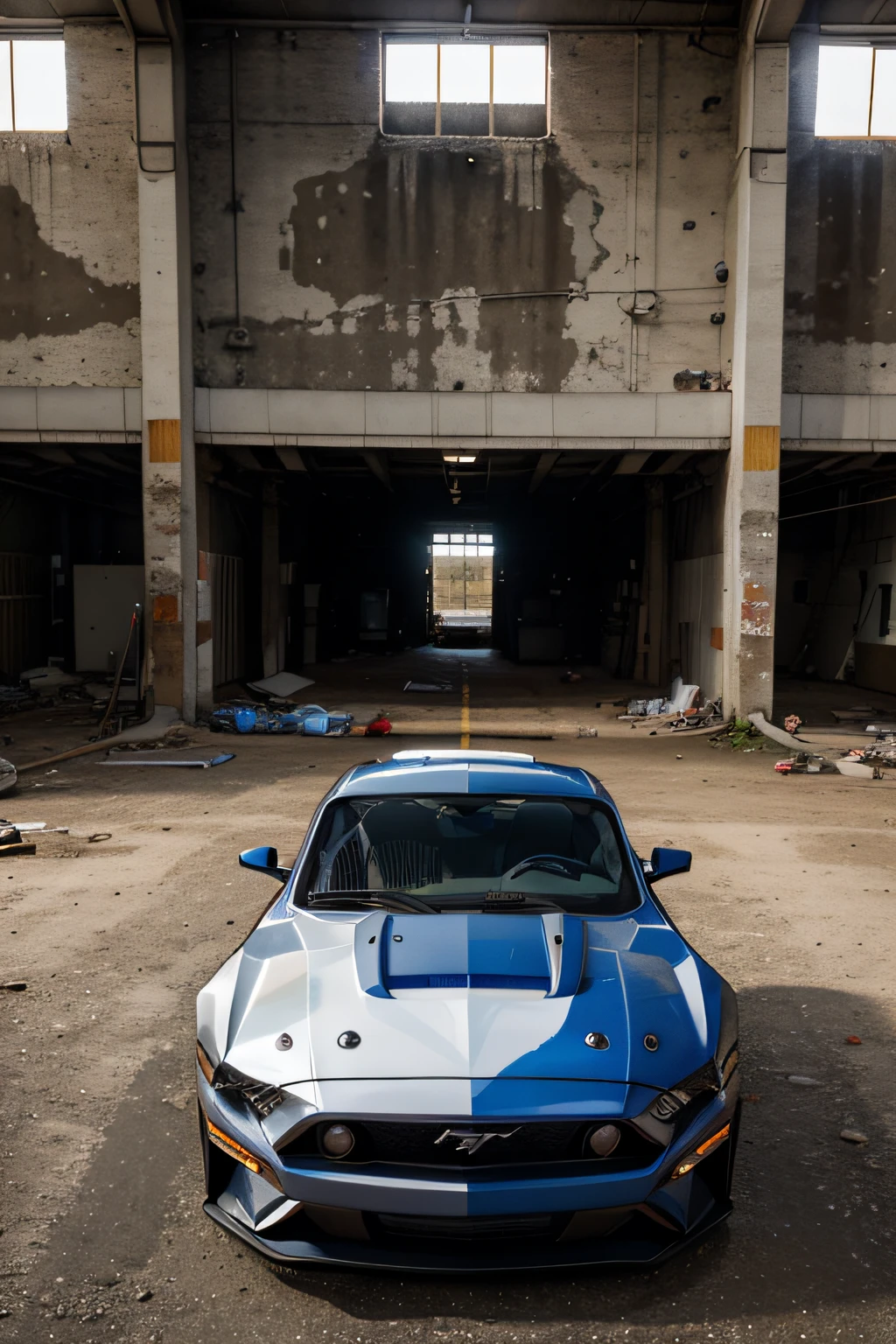 Ford electric horse Mustang Mach-E， Be sure to have Ultraman Tiga red and blue paint colors，Ultraman Tiga modified style 45 degree angle ，Background in an abandoned factory，Shot by Nikon D850 in HD，Real light，dingdall effect，