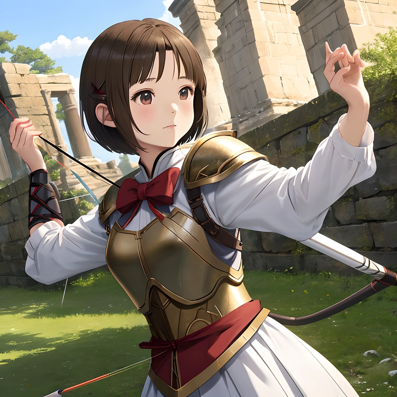 Anime girl, , short bob brown hair,ancient clothes armor. iPhone wallpaper, bow and arrow