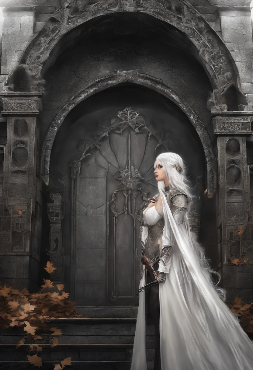 Prompt:
(An old Celtic girl stands in front of the arched gate of the Bat Castle for Halloween), Description of the girl's costume:Dark dress in the style of medieval Europe,Such as crimson and orange、Tunic top、cloaks、mitts,, Smooth or textured fabrics,silkouette、Velvet or leather girl makeup:Darker skin,Smoky or cat-eye makeup,The lips are dark red or purple, Ornaments in the Gothic or medieval style,choker necklace、bracelets and earrings, etc, Background with:Saint-Day Bat Castle ,the bats,Moon Bat Castle is an ancient castle that is both intimidating and mysterious,The castle is nestled in the middle of a barren mountain range,It is surrounded by deep forests and dense fog,The castle's façade is illuminated by countless flickering jack-o'-lanterns, The gates of the castle are a pair of huge iron gates,After entering the castle,The doors are carved with bats and skeletons,The high ceiling is hung with black curtains,The floor of the hall is covered with yellow fallen leaves,Whenever the wind blows,Immerse yourself in an ancient and mysterious forest, The walls of the hall are hung with some old paintings,The characters and scenes in the painting are full of horror and mystery,The vampire in the painting、werecreature、Images such as witches come to life,There is a strong sense of fear,ao mesmo tempo,There are also some ancient weapons and torture instruments hanging on the walls,Cold iron glistened in the light, In the depths of the castle,There is a huge basement,The basement is filled with all kinds of bizarre artifacts and treasures,There are some old books and scrolls in it,There are some mysterious magic and spells written on it,There are also some ancient utensils and jewelry,White hair, Long hair, Hairline, Shiny hair, extra very long hair, surrealism, classicism, Verism, Cinematic lighting, letterboxed, outside border, Cowboy shot, in a panoramic view, Atmospheric perspective, Sony FE GM, hyper HD, retinas, Masterpiece, ccurate, Anatomically correct, Textured skin, Super detail, High details, High quality, Award-Awarded, Best quality, A high resolution, 8km race
