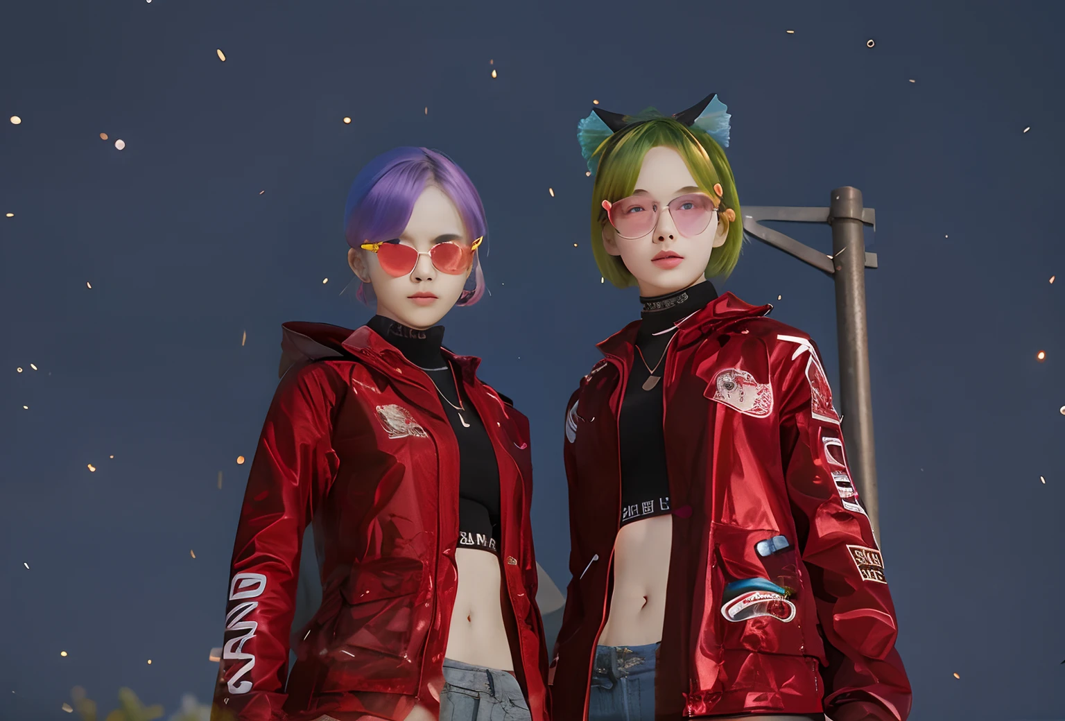 2 girl with red jacket using sun glass