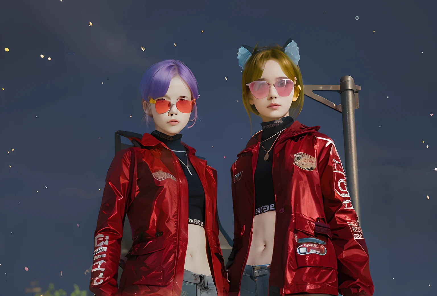 2 girl with red jacket using sun glass