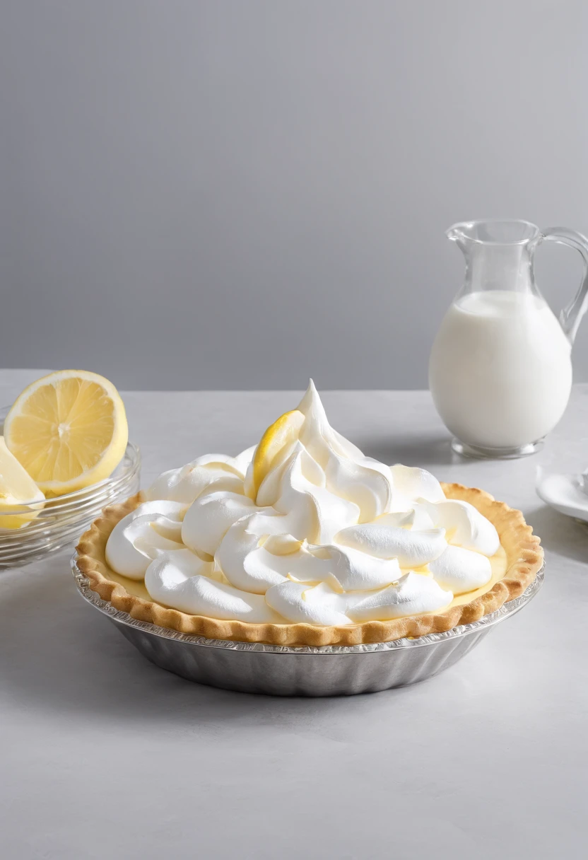 Close-up of the kitchen counter,Lemon meringue pie on the countertop,Blander,Egg shells,Glass bowl with egg whites,whipped cream,lemons,Official product photo, smooth clean surfaces, an award winning masterpiece, professional food photography, highly detailed composition, food photography,Ultra photo realsisim,