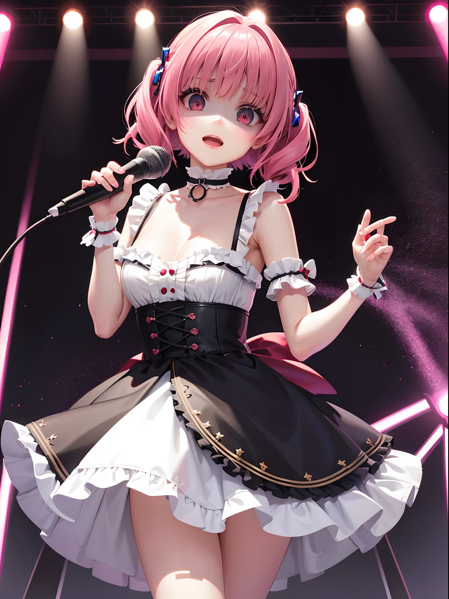 Pink Hair、Pink Eyes、girl、Small breasts、Hair Bun、girl、Small breasts、ta、Bright smile、Looks about 15 yan Musume、He is short、目のhighlight、Sexy thighs、Idol、Mine-based costumes、Your eyes are so beautiful、highlight