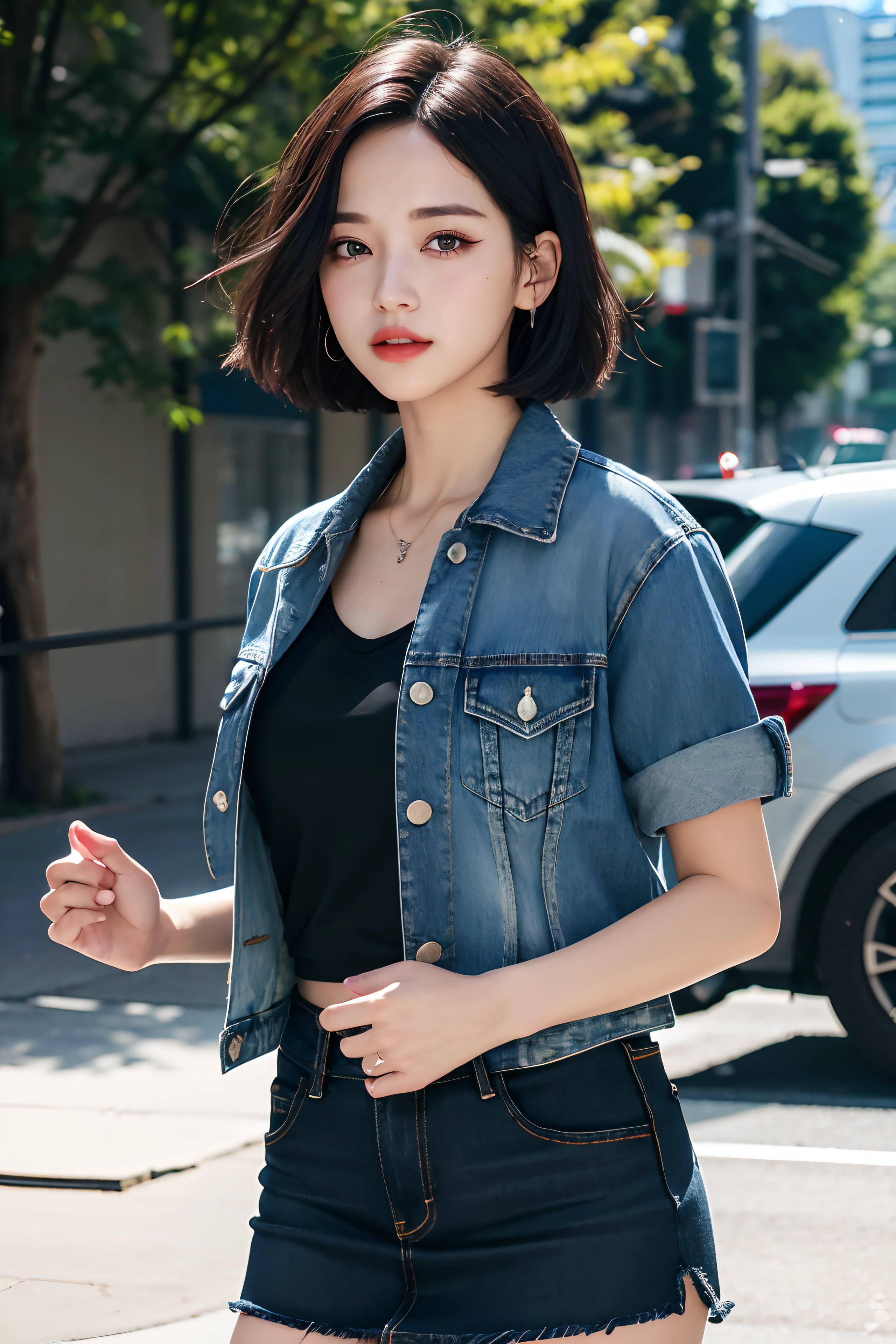 (Forehead, denim jacket, black t-shirt, denim short skirt, Short hair, Black hair, eyes liner:1.3), (Masterpiece, Best quality, Beautiful quality), (Photorealistic:1.4), (Detailed lighting, Extremely detailed skin, Extremely detailed hair, Shadows, 8K, Jihyo photo, 1girll:1.2), view the viewer, (high key lighting), Masterpiece, Top quality, Best quality, offcial art, Unity 8k wallpaper, A high resolution, Ultra-high RES, Ultra-detailed, Beautiful and aesthetic, upper body, perfect hands, perfect eyes, running, fighting, city background, dagger in hand