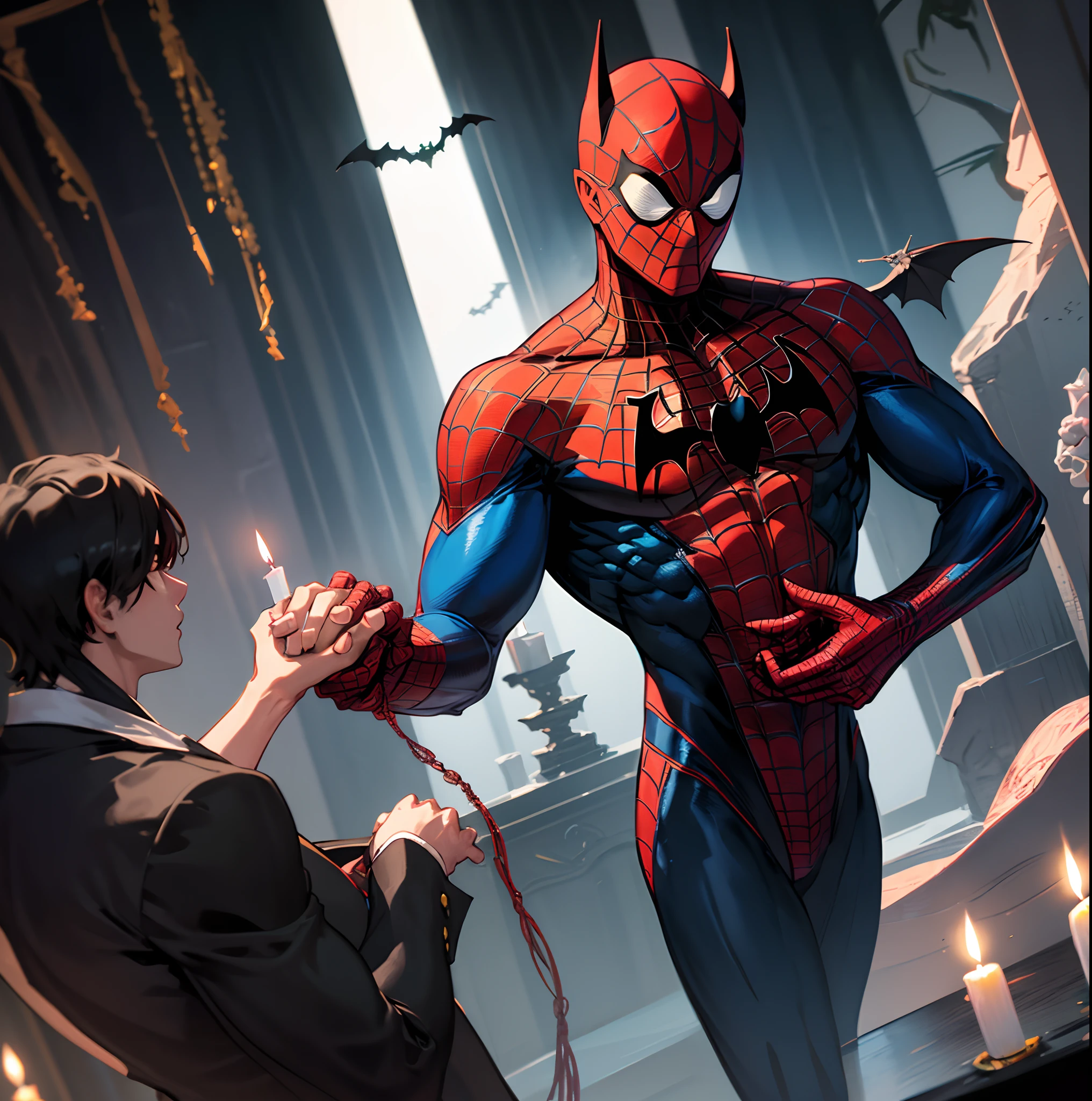 Bat-Man is holding Buddha's hand, and Spider-Man is lighting a candle in front of him