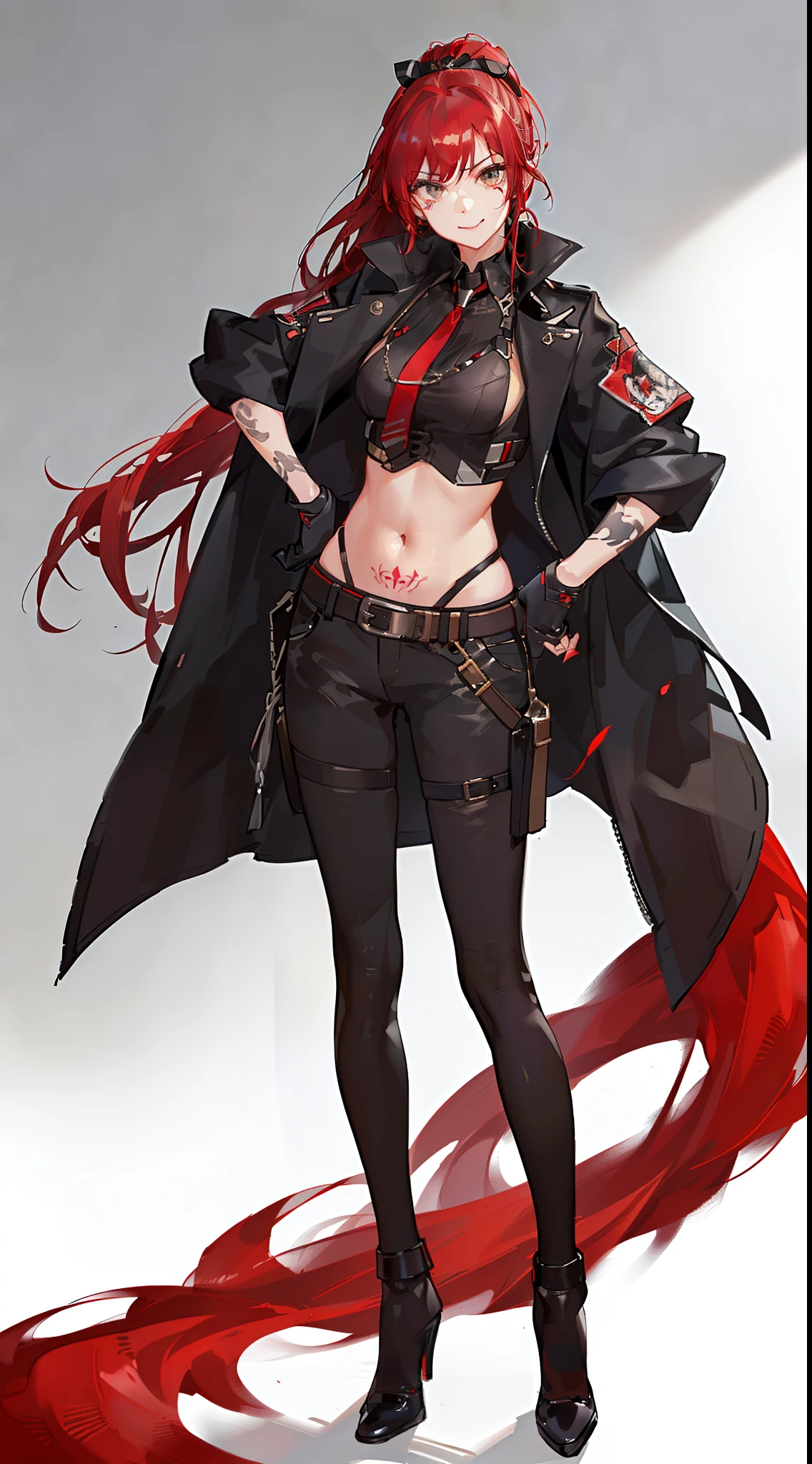 young girl, Short black and red hair, high ponytail, gray eyes, Smile, open belly, black trousers, red jacket, tie, belts, fetters, Tatoo, iron gloves, face tattoos, Masterpiece, hiquality, 4k, HD, Good detail