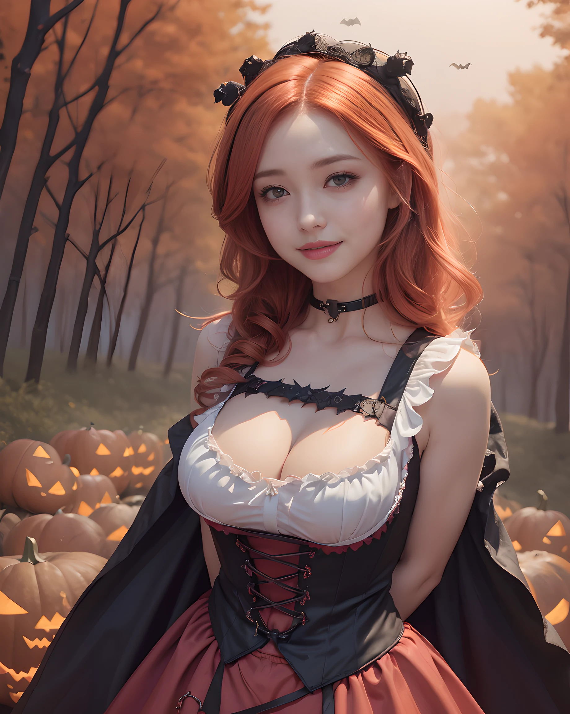 (Halloween theme:1.5), (fantasy:1.5), upper body portrait of a tall very busty beautiful women wearing halloween LITTLE RED RIDING HOOD costume, skin tight full lacy ultra detailed embroidery Dirndl, (little red riding Hood), (fusion of dirndl and gothic ta:1.3), BREAK, ((;D1.3, evil smile:1.2)), perfect face,perfect eyes,HD details,high details,sharp focus,studio photo,HD makeup,shimmery makeup,celebrity makeup, (Haley Quinn makeup:1.5), ((centered image)) (HD render)Studio portrait,magic, magical, fantasy,(huge breasts)(large breasts),(big breasts),(sagging breasts), tree, forest, halloween forest, jack-o'lantern, pink hair, halloween background, bright pumpkin, (RedHoodWaifu, (red hood, cap)), (arms behind back:1.5),