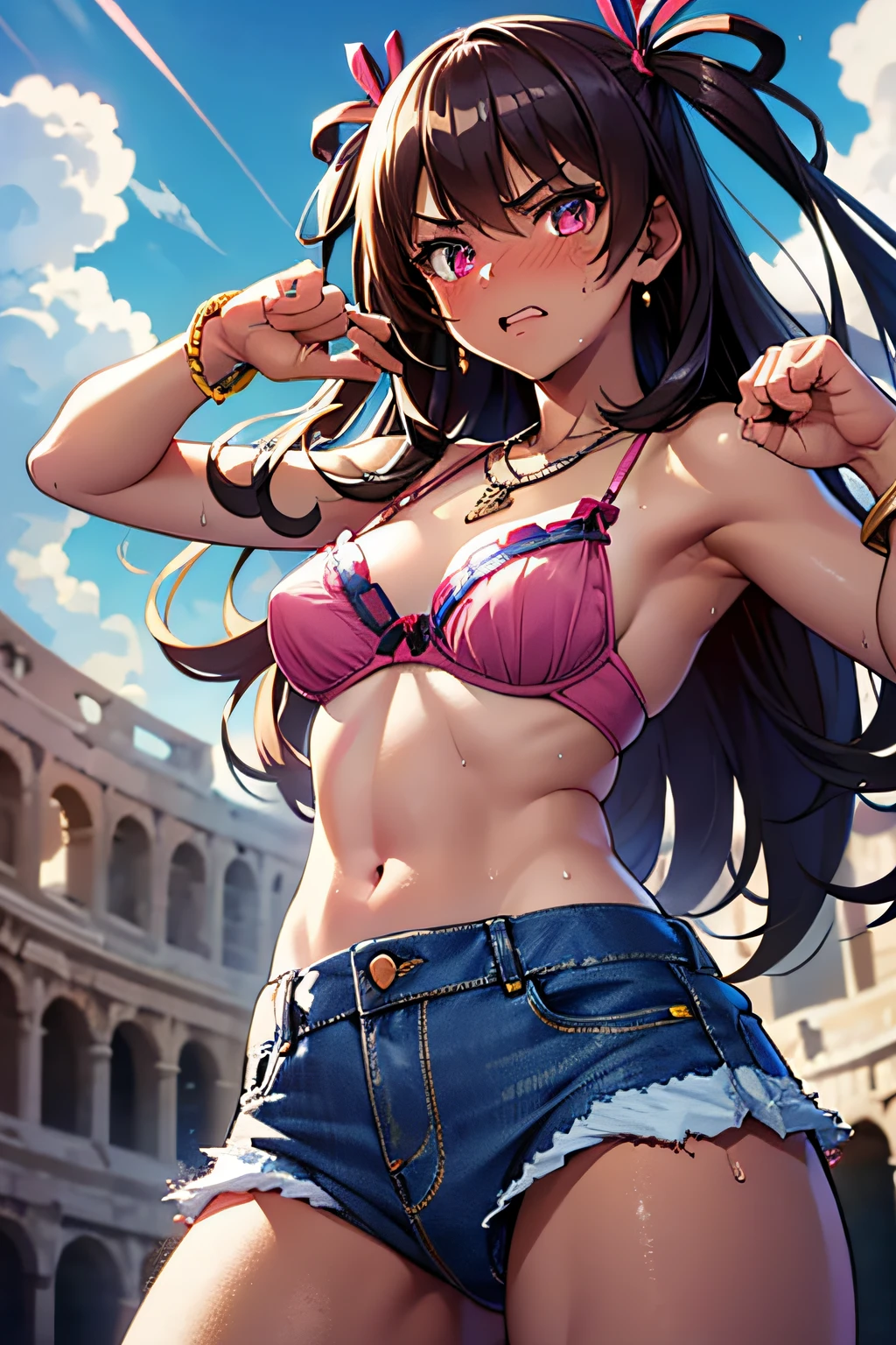 mizuki,see through nipples,small breasts, (dark-skinned female:1.2), (dark skin:1.2), two side up, very long hair, brown hair, hair between eyes, hair ribbon, hair rings, pink eyes,(delicate embellishments Gorgeous bra:1.2),navel,(low-rise damaged short denim pant:1.3),no panties,(sweat gleaming skin:1.1), outdoors,sunlight, spotlight effect,bright sky, blue sky with clouds,strong wind, (colosseum),(highres, high quality:1.1), intricate details, cinematic lighting, 1girl,(red blush,angry),(Gorgeous Necklace,jewelry, bracelet),(dynamic fighting pose:1.2),dynamic angle,from below