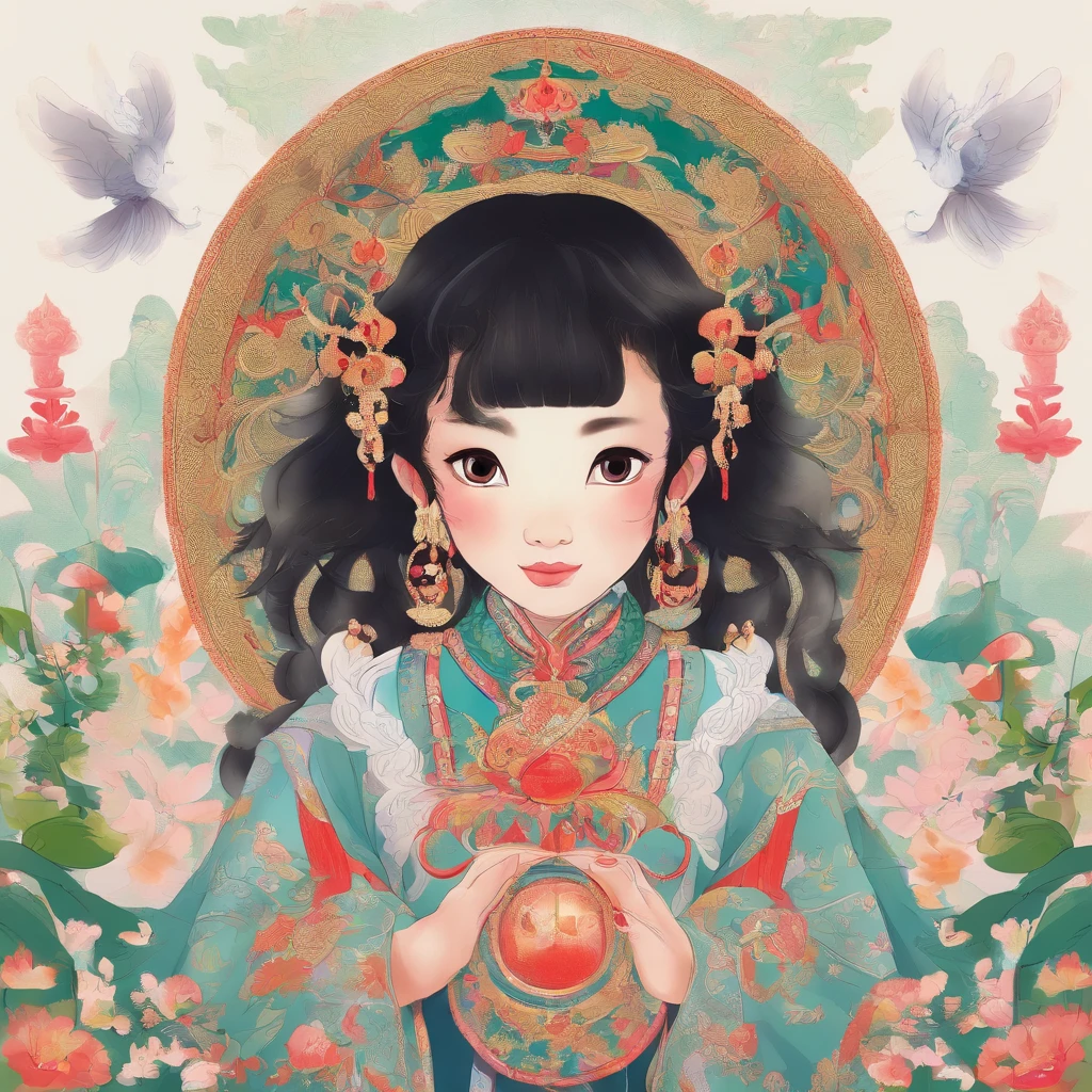 A Zhuang girl,Black hair,with a round face,largeeyes,She sincerely prayed to the god of the Ox King in the temple of the Ox King,Offer your own products,And sincerely pray to the god of the ox king