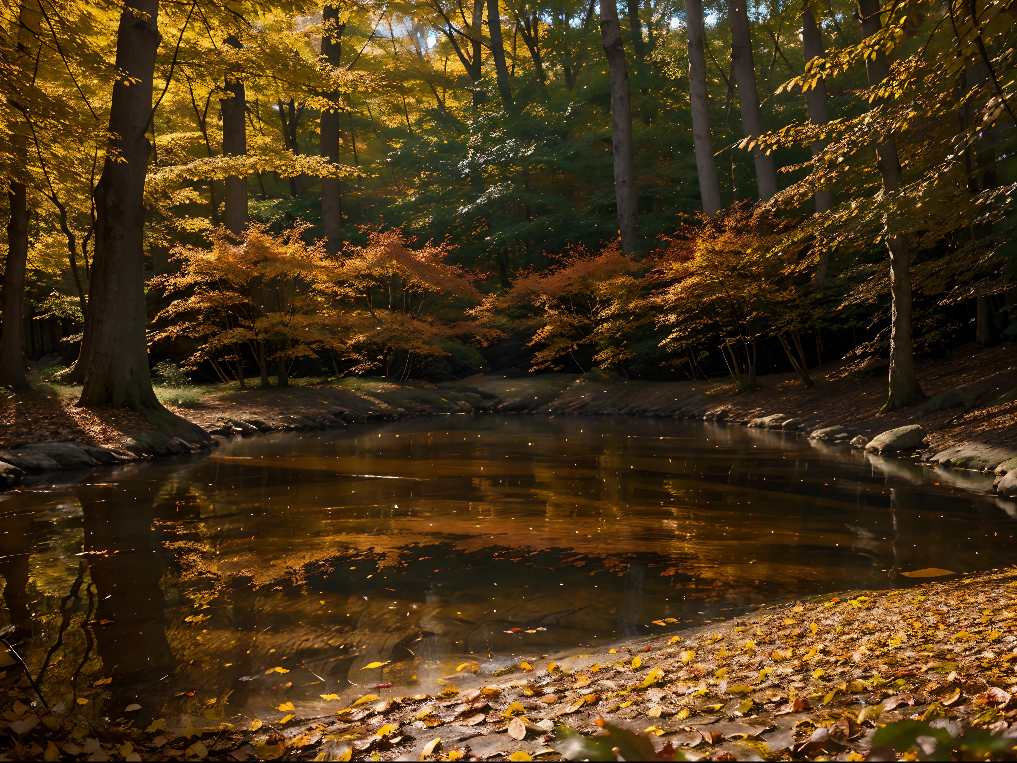 Vibrant leaves of red, orange, and gold elegantly cascade through a tranquil forest. This mesmerizing photograph captures the essence of autumn's vibrant foliage, showcasing nature's transformation with astonishing clarity and detail. Each leaf is meticulously captured, revealing the intricate veins and delicate texture. The dappled sunlight filters through the foliage, casting a warm and inviting glow. The image exudes a sense of tranquility, immersing viewers in the serene beauty of the changing seasons.
