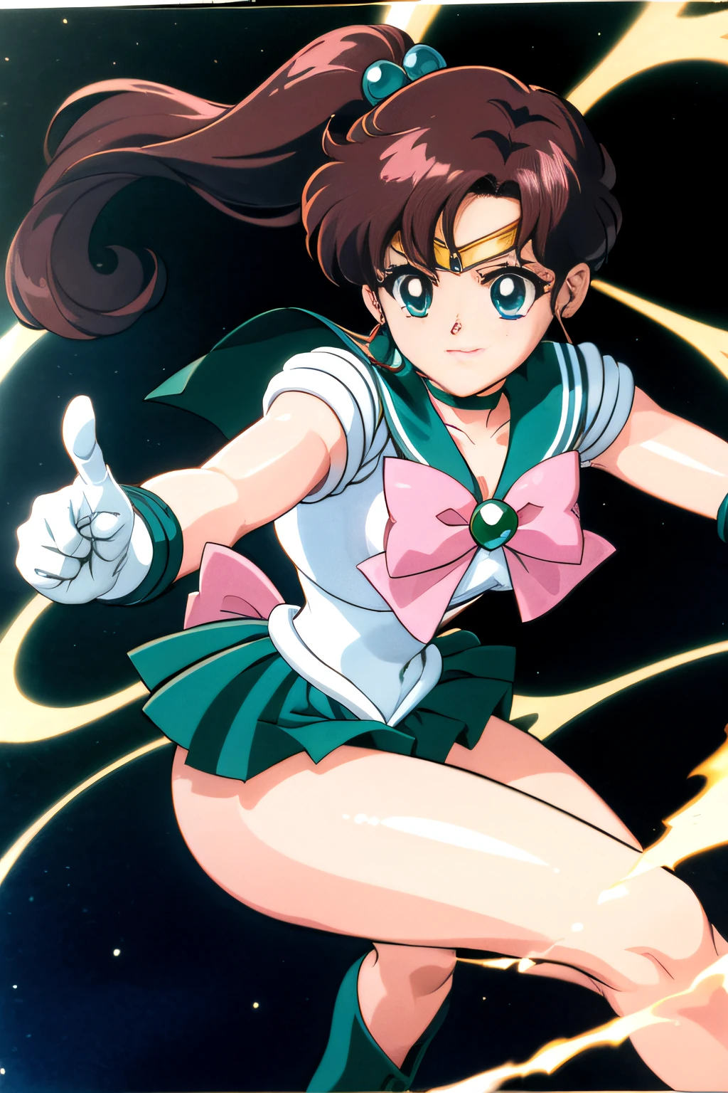 (top-quality:1.3), (masterpiece:1.4),(Anatomically correct), (Full limbs),(complete fingers),(Precise fingertips), (Fine details),(8K),Photorealista,Sailor Moon!!!!!!!!, Sailor Moon Style,by Sailor Moon, Sailor Senshi Uniform,(the sailor jupiter:1.37),aqua eyes,brown haired,poneyTail,Green Choker,Green boots,whitegloves,(Pink ribbon:1.2),(Super Detail),(90s Anime,9 0 s anime,9 0 s anime style,anime cels,cel shaded anime),
(Dynamic Boxing Pose:1.25),Beautiful face, Intense lighting,raw, Color Theme Red, Dramatic light, magician, spell magic, Magic Circle, ((magic in hand)),(using light magic:1.14),lightning magic, imaginative overlays, artistic fusion,fantastical scenes, evocative narratives, striking visuals,