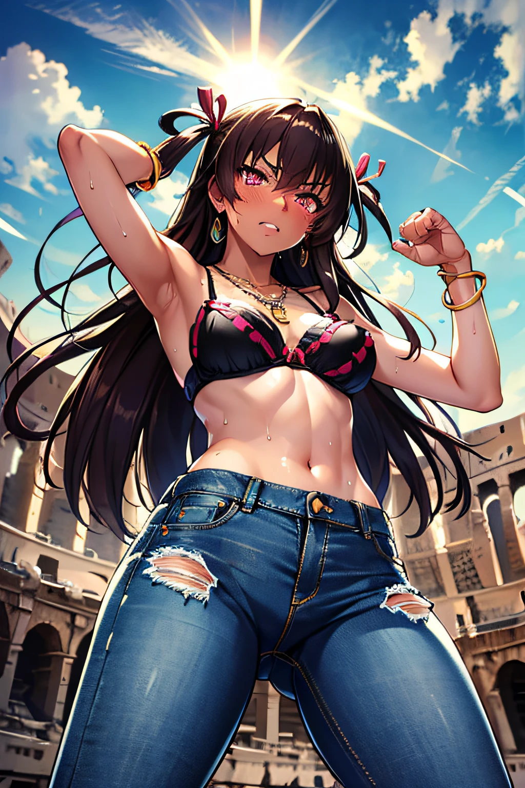 mizuki,see through nipples,small breasts, (dark-skinned female:1.2), (dark skin:1.2), two side up, very long hair, brown hair, hair between eyes, hair ribbon, hair rings, pink eyes,(delicate embellishments Gorgeous bra:1.2),navel,(low-rise damaged short denim pant:1.3),no panties,(sweat gleaming skin:1.1), outdoors,sunlight, spotlight effect,bright sky, blue sky with clouds,strong wind, (colosseum),(highres, high quality:1.1), intricate details, cinematic lighting, 1girl,(red blush,angry),(Gorgeous Necklace,jewelry, bracelet),(dynamic fighting pose:1.2),dynamic angle,from below