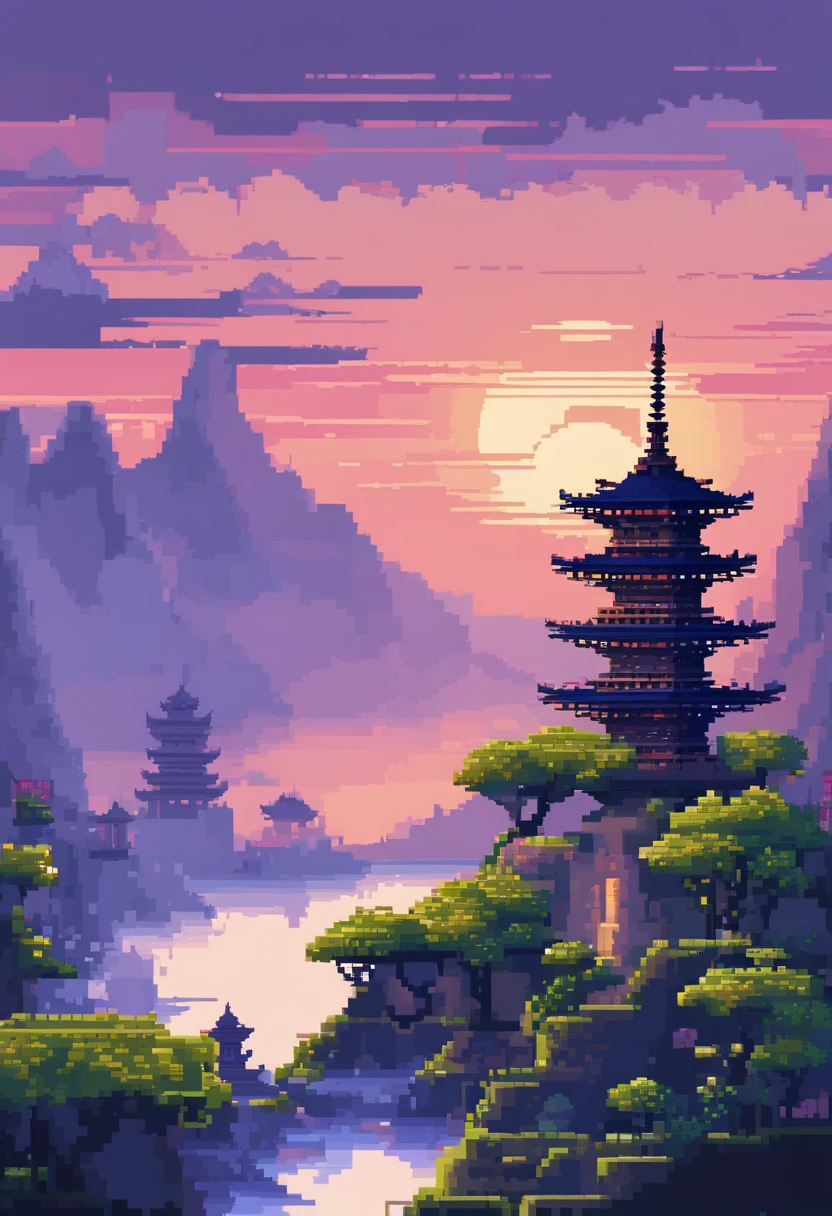 Pixel art Asia Tample landscape. Evening. 3d pixel art 4k wallpaper. Incredible pixel art details. Pixel art. Evening . Detailed unreal engine pixel art