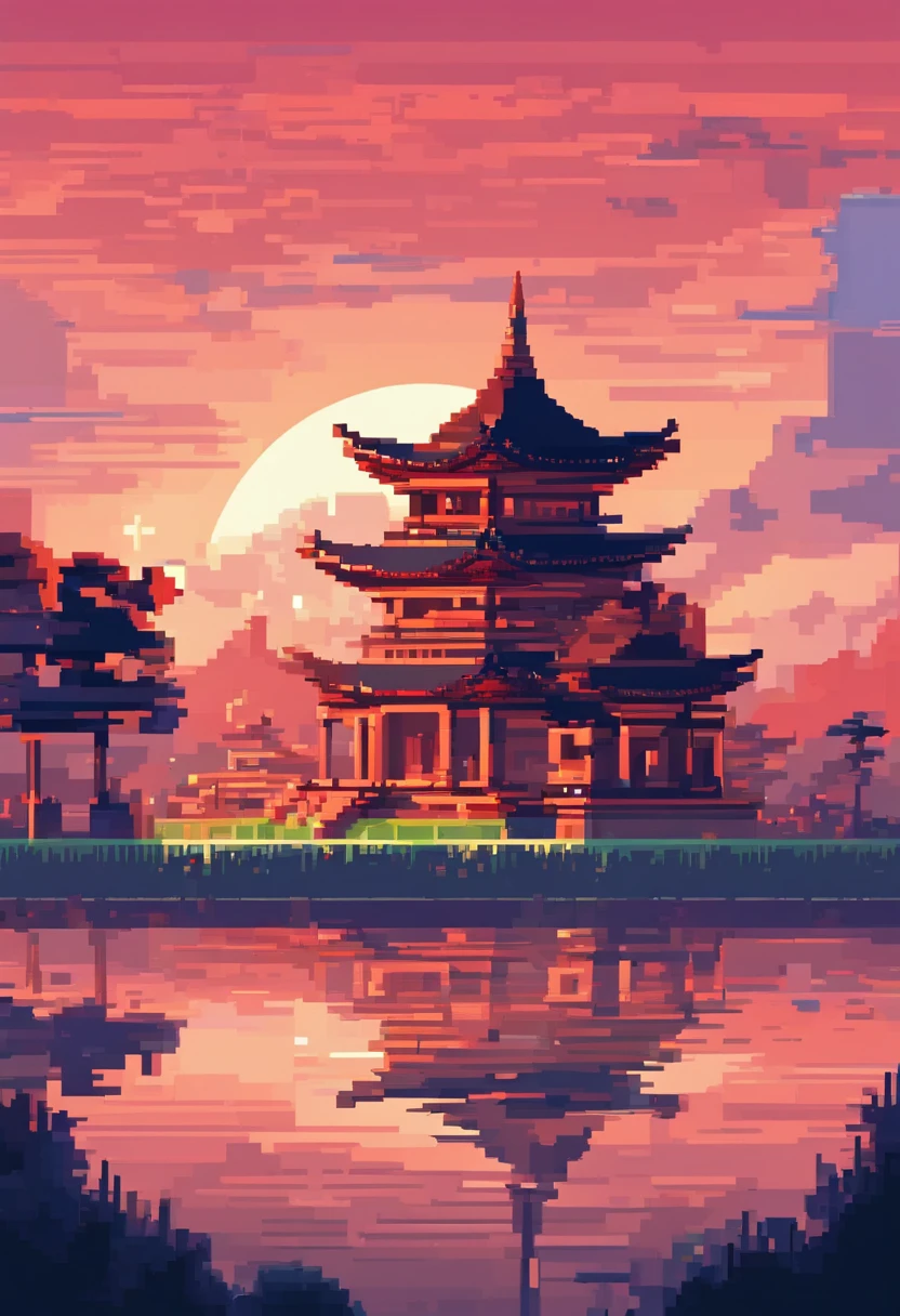 Pixel art Asia Tample landscape. Evening. 3d pixel art 4k wallpaper. Incredible pixel art details. Pixel art. Evening . Detailed unreal engine pixel art