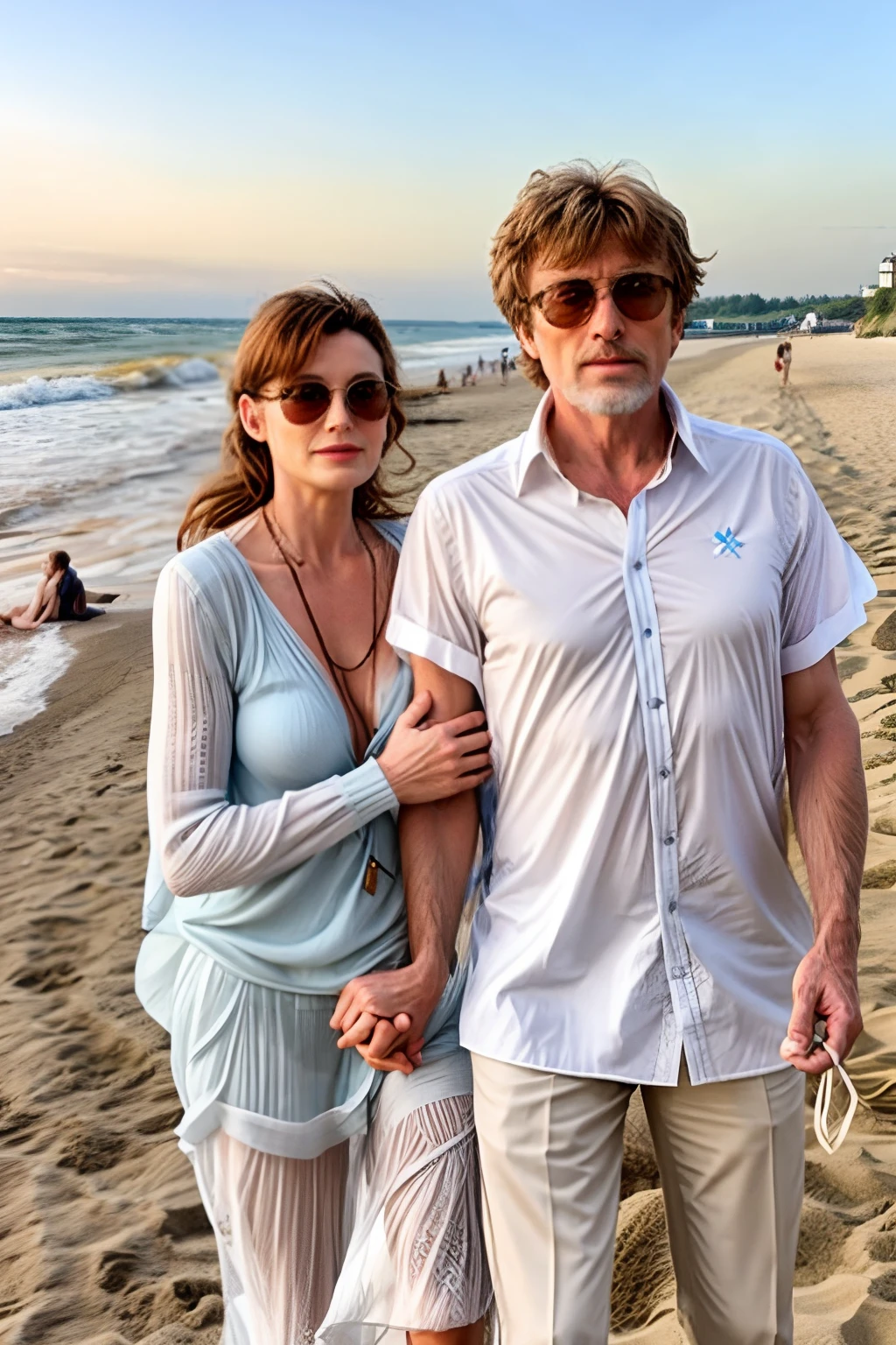 Ein Mann (Robert Redford:0.2) und eine Frau (Audrey Hebhurn:0.2) am Strand stehend, photorealistisch