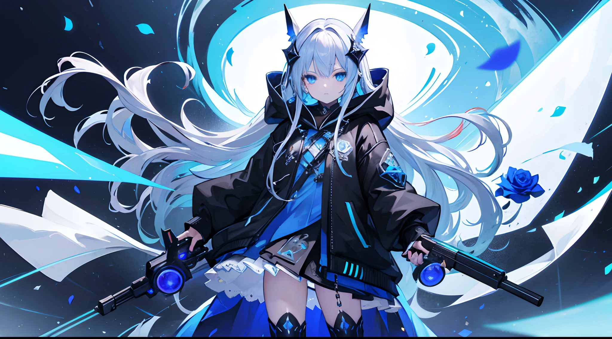 Top image quality、Standing picture、full body Esbian、ultra-definition、Detail Facial、A detailed eye、illustratio、the original god、a cool、With long silver hair、blue eyess、Blue glowing eyes、teens girl 、Black hoodie、Cyberwind、wearing black boots、a black skirt、Glowing blue headphones、Blue rose hair ornament、Blue roses、games、Facing the front、Hold a cyber-style glowing blue gun、Blue rose petals、Holding a gun、Laser beam