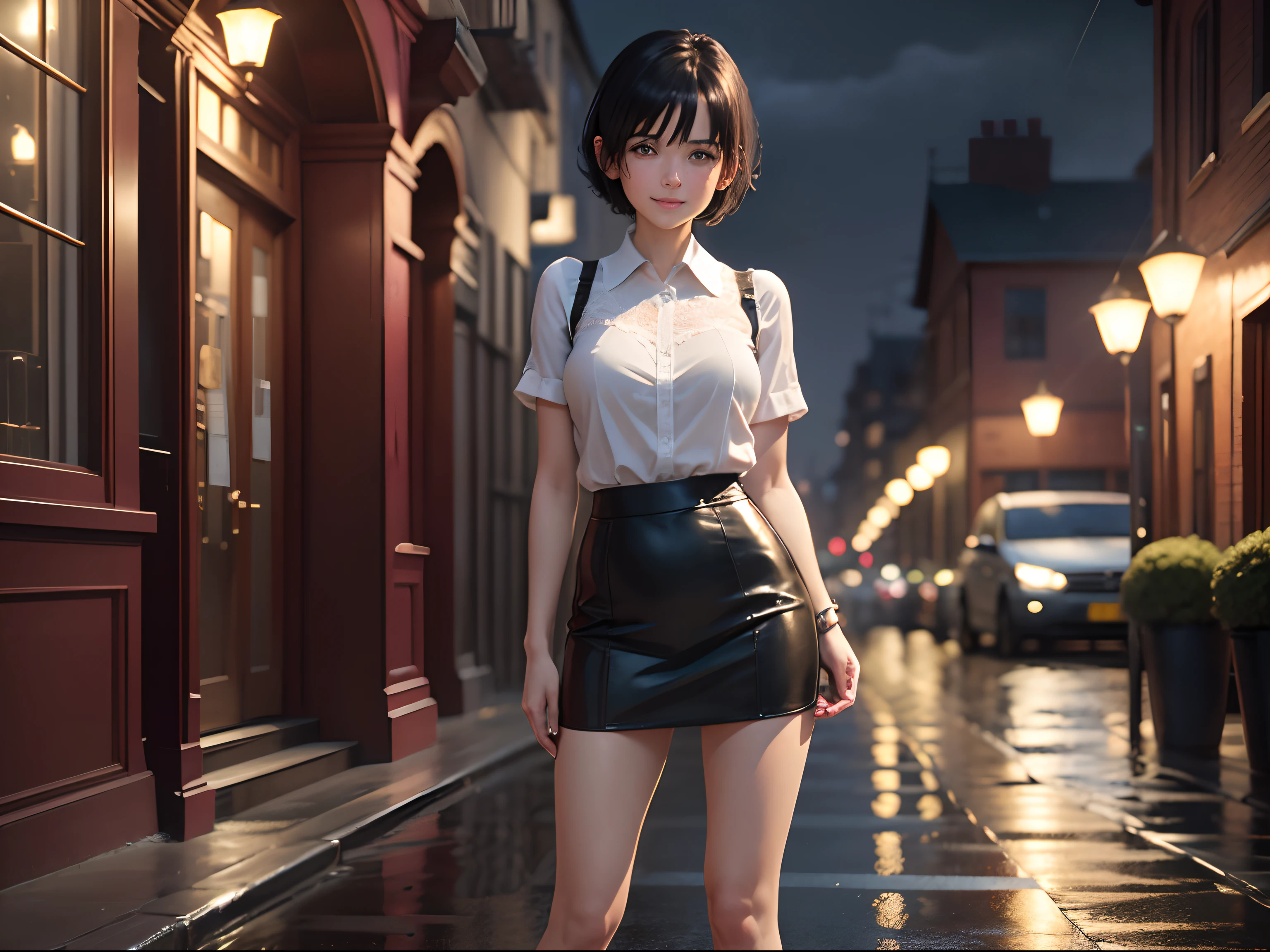 (8K, Best Quality, masutepiece:1.2), (Realistic, Photorealsitic:1.37), Ultra-detailed,((( 1 girl))),Solo,Beautiful detailed sky,Detailed Cafe,Night,Sitting,Dating,(nose blush),(Smile:1.15),(Closed mouth) Small breasts,very skinny legs,Beautiful detailed eyes,(Shirt:1.1), Night, Wet, Rain,White lace, (Short hair:1.2),Floating Hair NovaFrogStyle, ((Full body)),to stand, Sexy, Cute,Short black hair,