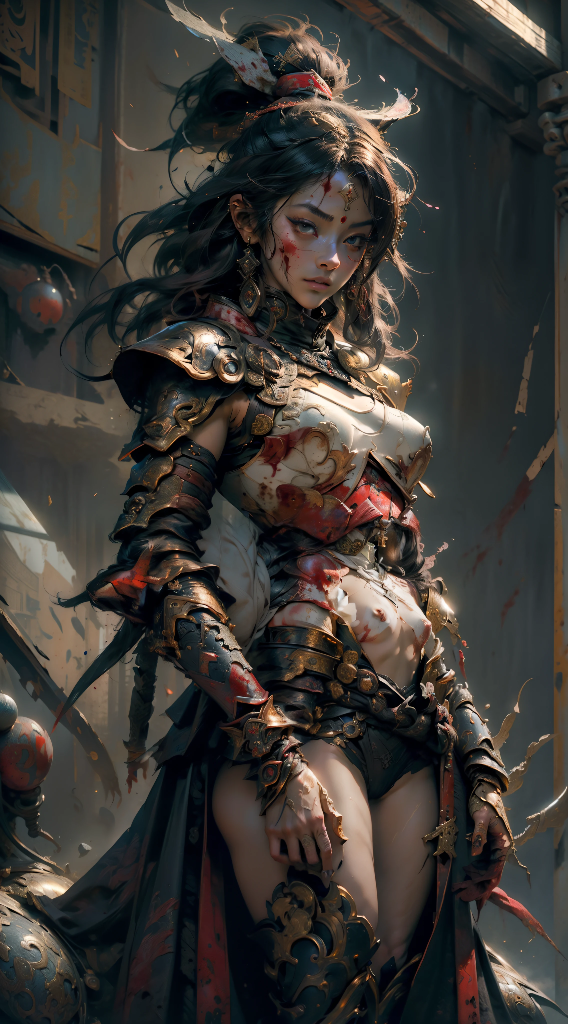 (masterpiece, top quality, best quality, official art, beautiful and aesthetic:1.2), (1girl:1.3), extreme detailed,colorful,highest detailed ((ultra-detailed)), (highly detailed CG illustration), ((an extremely delicate and beautiful)),cinematic light,((1 samurai girl)),solo, (full body),(armored arms and legs:1.2),((samurai mask)),((sexy armor)), seductive expression, fire mountain,(character focus),historical fiction, samurai armor black and red, (blood:1.5), cleavage, (bare breasts), stomach, (thin and tall), toned abs, 8k detail. sexy girl.
