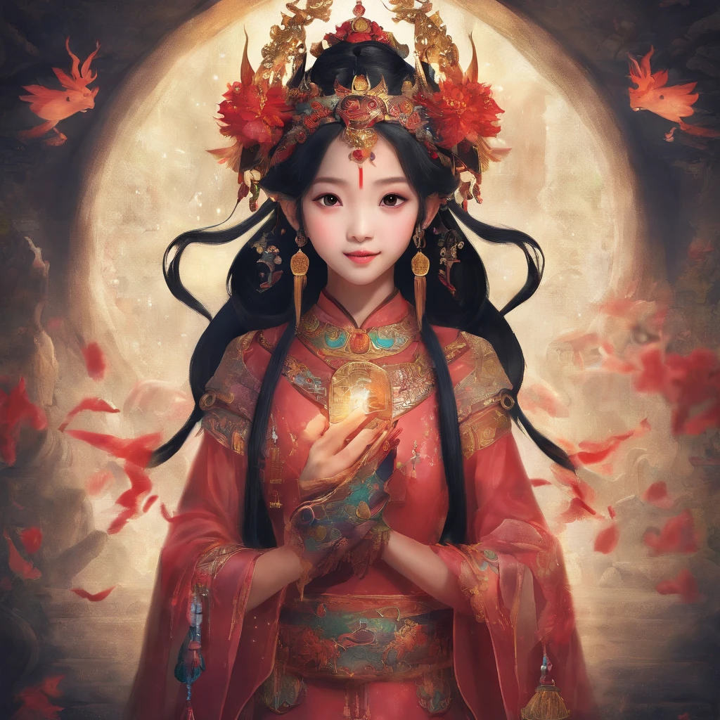 A Zhuang girl,Black hair,with a round face,largeeyes,She sincerely prayed to the god Ox King in the Ox King Temple,Offer your own products,And sincerely pray to the god of the ox king