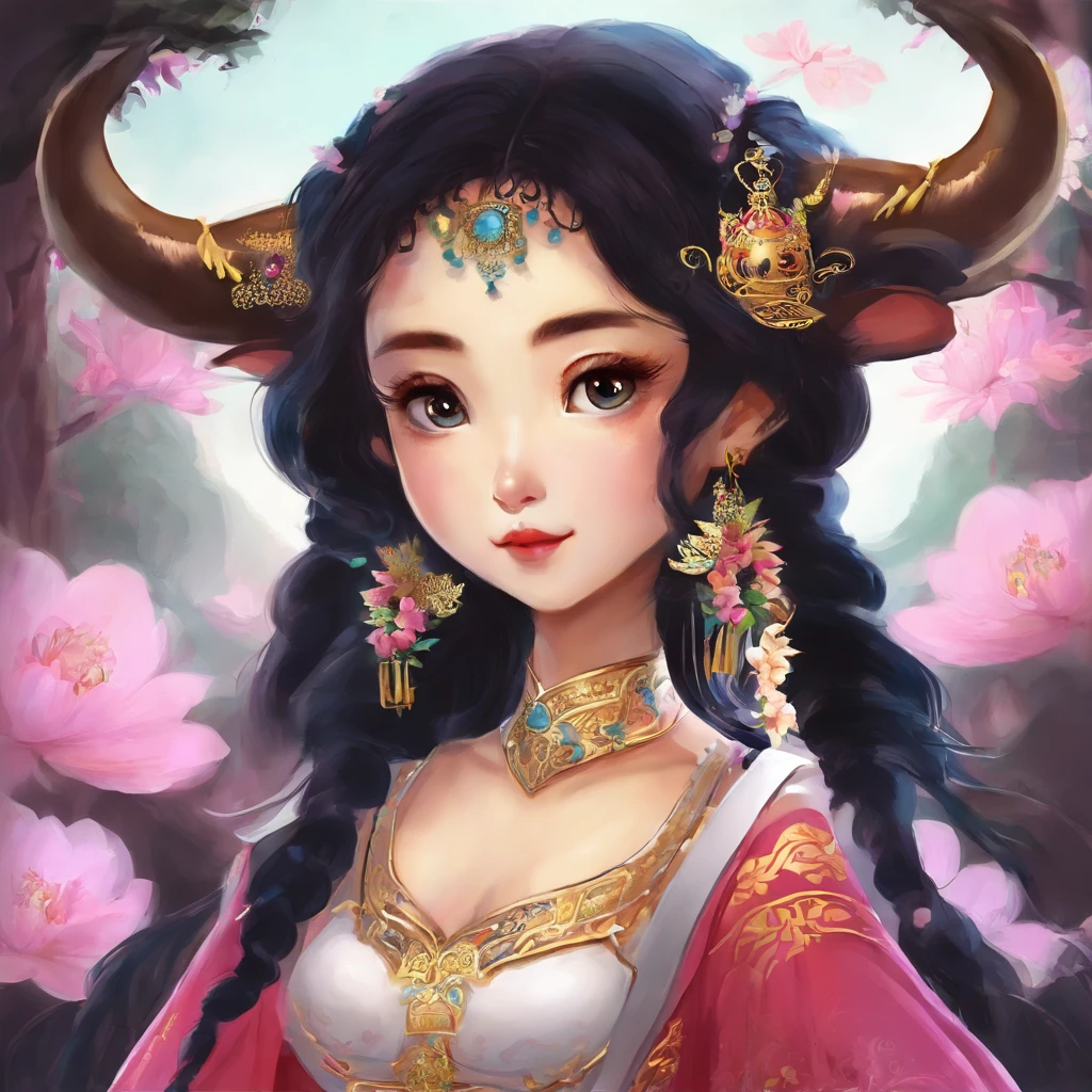 A Zhuang girl,Black hair,with a round face,largeeyes,She sincerely prayed to the god Ox King in the Ox King Temple,Offer your own products,And sincerely pray to the god of the ox king