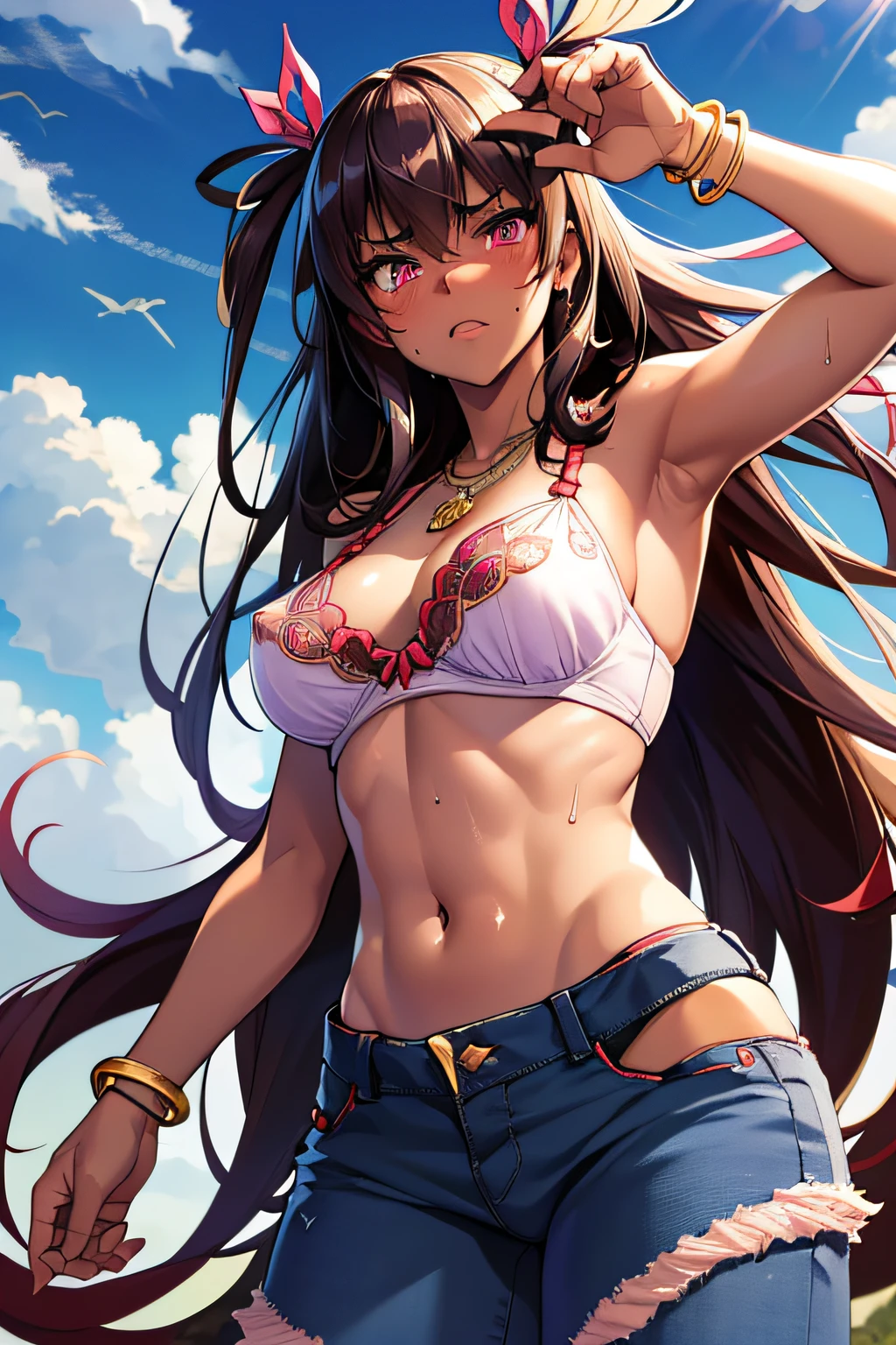 mizuki,see through nipples,small breasts, (dark-skinned female:1.2), (dark skin:1.2), two side up, very long hair, brown hair, hair between eyes, hair ribbon, hair rings, pink eyes,(delicate embellishments Gorgeous bra:1.2),navel,(low-rise damaged short denim pant:1.3),no panties,(sweat gleaming skin:1.1), outdoors,sunlight, spotlight effect,bright sky, blue sky with clouds,strong wind, (colosseum),(highres, high quality:1.1), intricate details, cinematic lighting, 1girl,(red blush,angry),(Gorgeous Necklace,jewelry, bracelet),(dynamic fighting pose:1.2),dynamic angle,from below