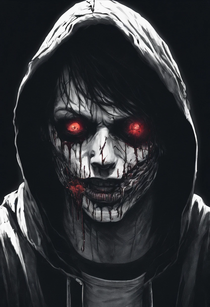 A young man, Black hair, Inside the eye, Smile big, Knife marks on the right side of the mouth, Black zip-up hoodie, Bloodstained shirt, Roll-up sleeve, bandaged, dark pants.