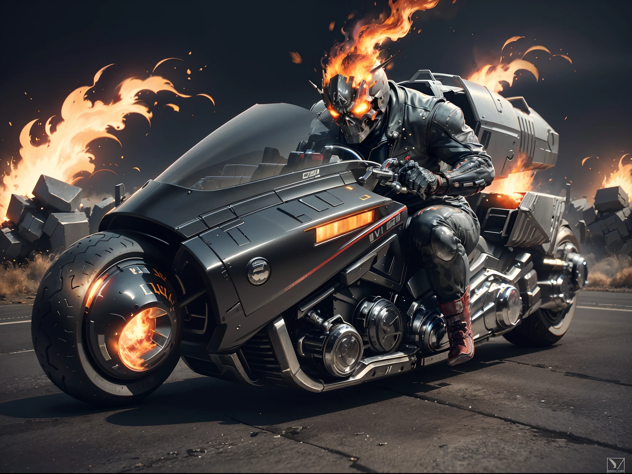 (offcial art, Unity 8k wallpaper, Ultra-detailed, Beautiful, Masterpiece, Best quality, 1.4x more realistic), (Superhero Ghost Rider, skull: 1.5), There was a fire in his eyes, The body is wrapped in burning chains, Chains made of titanium alloys and futuristic technology for motorcycles, Icy bodywork, Ghost Rider rides a futuristic black motorcycle, Gallop on the burning fire, The entire motorcycle caught fire and burned, fire element, Composed of fire elements, volcanoes, Burning cyberpunk cityscape, Armageddon, Epic screen, Anatomically correct, Textured skin.