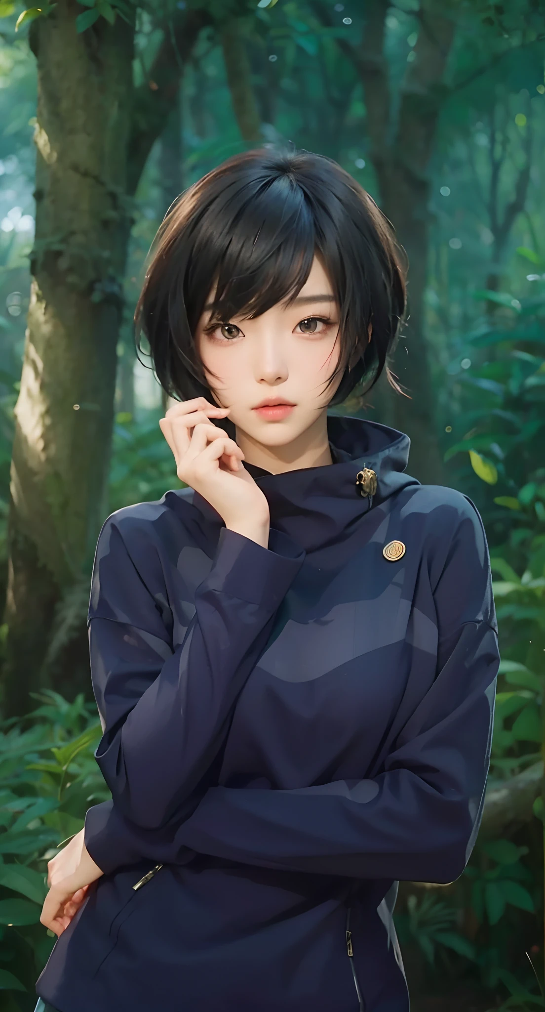 Real life adaption of this character, Korean teen beauty face,looking to viewer,realistic same hairstyle,realistic jungle with many grass background, hyper realistic, realistic light, realistic shadow, realism,(photorealistic:1.2), (realistic same outfit),
