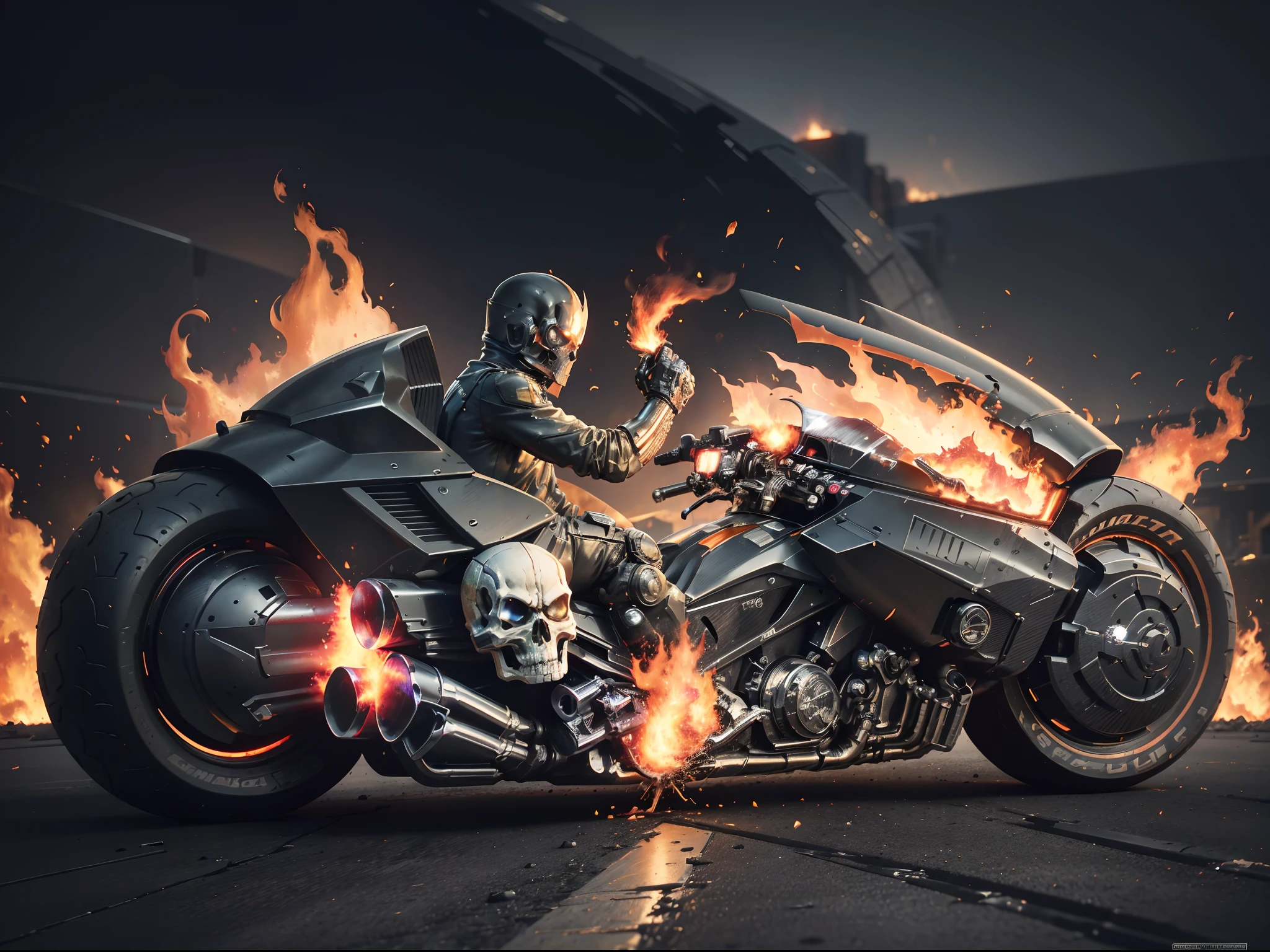 (offcial art, Unity 8k wallpaper, Ultra-detailed, Beautiful, Masterpiece, Best quality, 1.4x more realistic), (Superhero Ghost Rider, skull: 1.5), There was a fire in his eyes, The body is wrapped in burning chains, Chains made of titanium alloys and futuristic technology for motorcycles, Icy bodywork, Ghost Rider rides a futuristic black motorcycle, Gallop on the burning fire, The entire motorcycle caught fire and burned, fire element, Composed of fire elements, volcanoes, Burning cyberpunk cityscape, Armageddon, Epic screen, Anatomically correct, Textured skin.