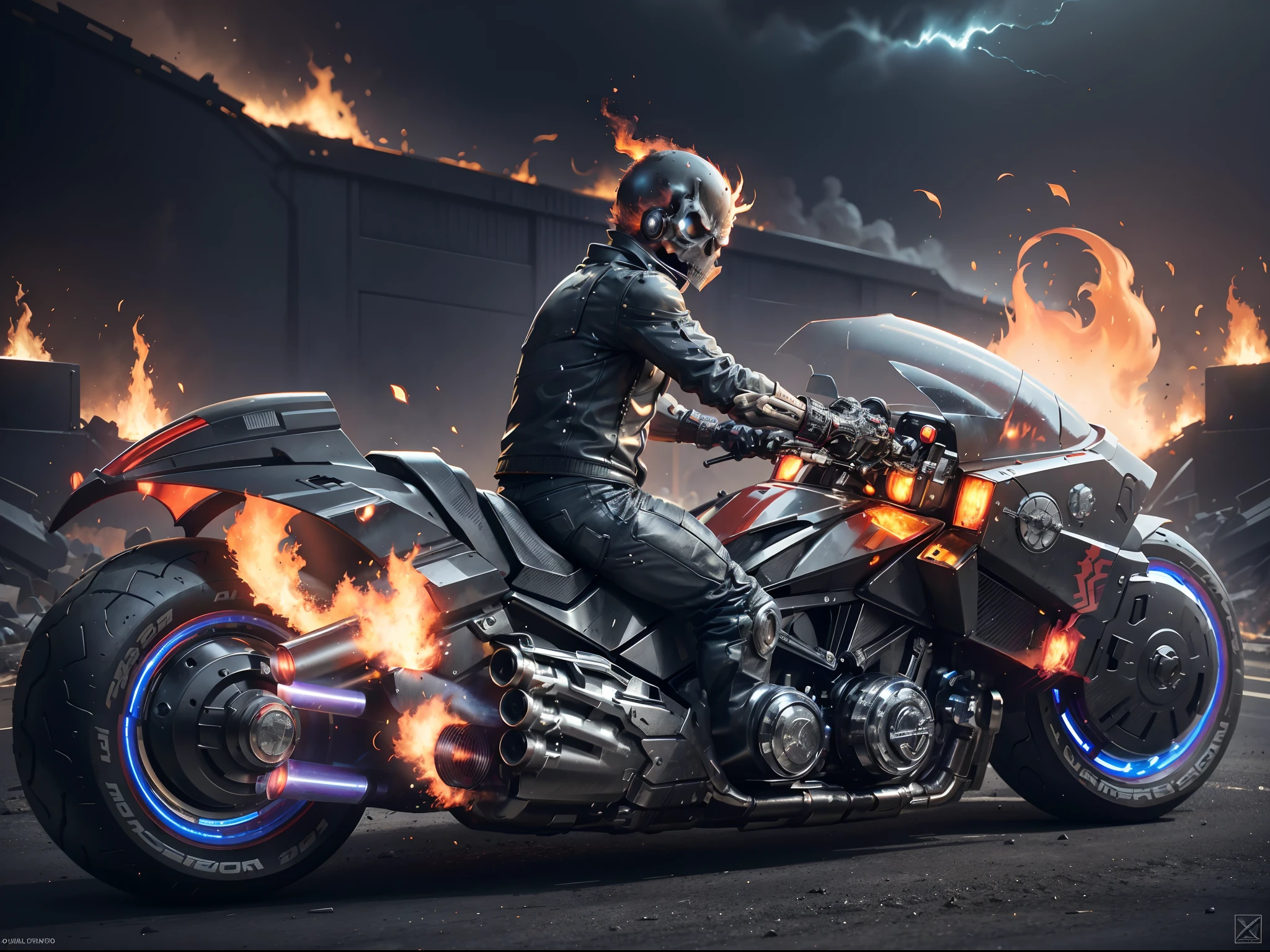 (offcial art, Unity 8k wallpaper, Ultra-detailed, Beautiful, Masterpiece, Best quality, 1.4x more realistic), (Superhero Ghost Rider, skull: 1.5), There was a fire in his eyes, The body is wrapped in burning chains, Chains made of titanium alloys and futuristic technology for motorcycles, Icy bodywork, Ghost Rider rides a futuristic black motorcycle, Gallop on the burning fire, The entire motorcycle caught fire and burned, theelementoffire, Composed of fire elements, volcanoes, Burning cyberpunk cityscape, Armageddon, Epic screen, Anatomically correct, Textured skin.