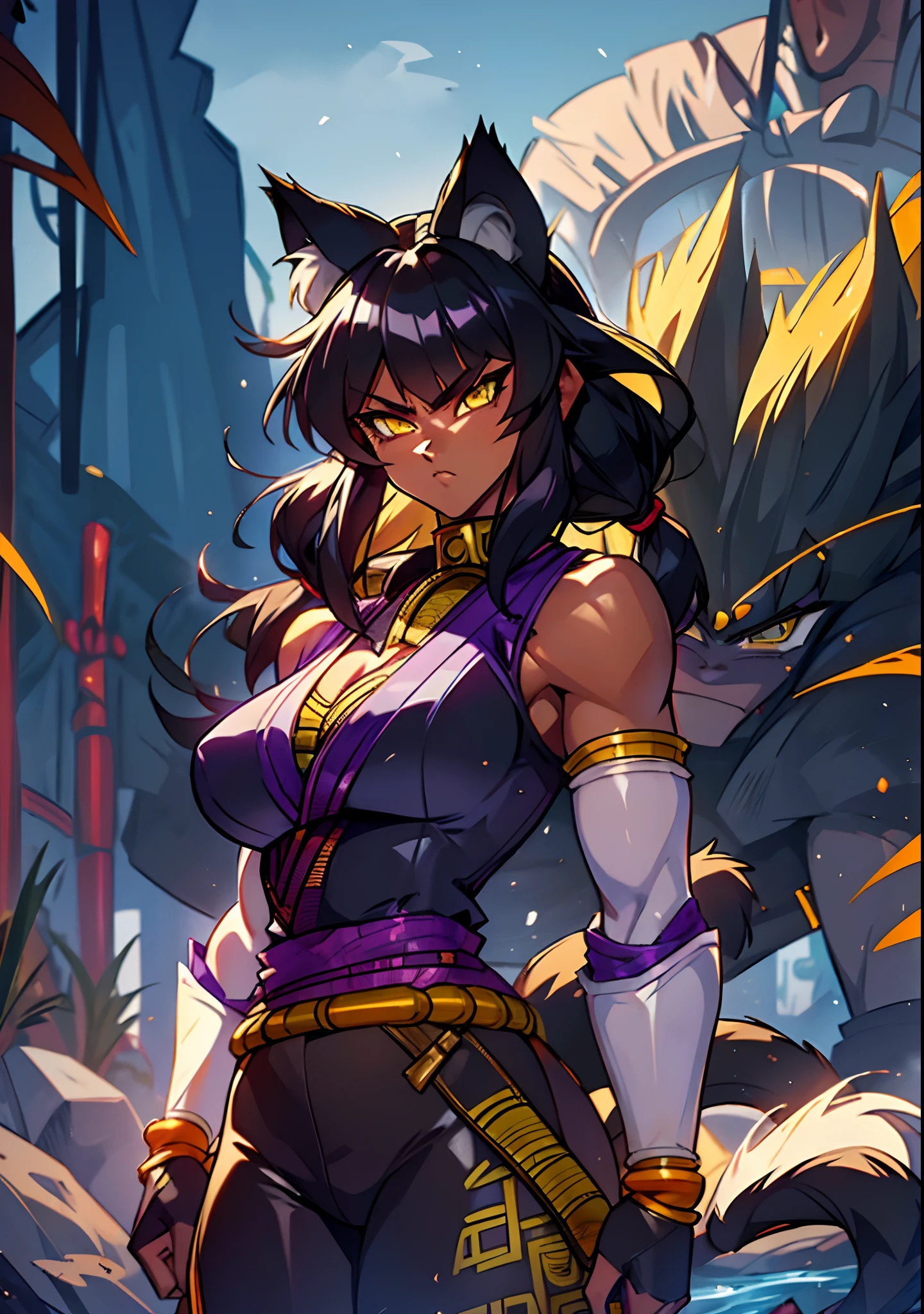 masterpiece, best quality, highly detailed, intricate, style of anime, style of dragon ball, 4k, blake belladonna, (dark skin: 2.8), (muscular body: 1.9), (complex dragon ball background, outdoors:1.15), battle pose, dynamic pose, ravine, cowboy shot, ((cat ears)), black hair, long hair, blunt bangs, lipstick, (purple makeup:1.1), yellow eyeshadow, smokey ice, detailed hair, ultra detailed face, yellow eyes, ((female character with monkey tail:1.3)), (japanese clothes:1.1), (bridal gauntlets:1.1), ((african female:1.9)), black gloves, elbow gloves, (teenage female:1.1, dark-skinned: 2.4), Huge Breasts, cleavage. white jacket, black sleeveless tanktop, tight black leggings underneath white denim shorts, ripped shorts.