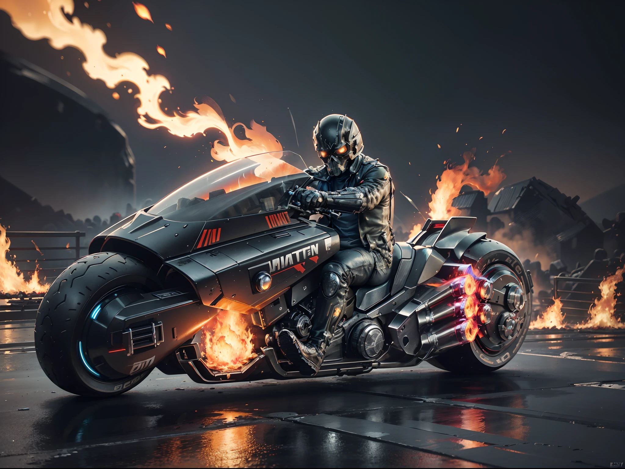 (offcial art, Unity 8k wallpaper, Ultra-detailed, Beautiful, Masterpiece, Best quality, 1.4x more realistic), (Superhero Ghost Rider, skull: 1.5), There was a fire in his eyes, The body is wrapped in burning chains, Chains made of titanium alloys and futuristic technology for motorcycles, Icy bodywork, Ghost Rider rides a futuristic black motorcycle, Gallop on the burning fire, The entire motorcycle caught fire and burned, theelementoffire, Composed of fire elements, volcanoes, Burning cyberpunk cityscape, Armageddon, Epic screen, Anatomically correct, Textured skin.